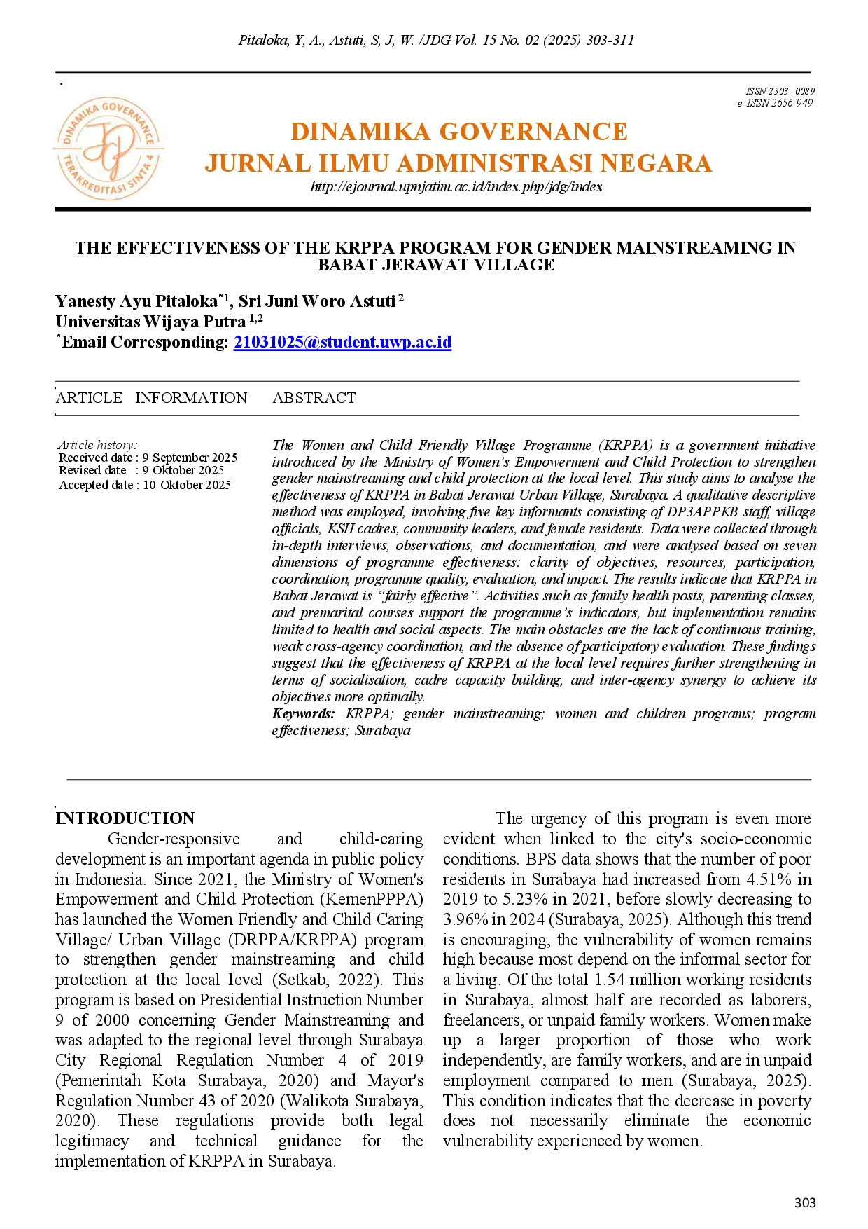 juris The Effectiveness of the KRPPA Program for Gender Mainstreaming in Babat Jerawat Village
