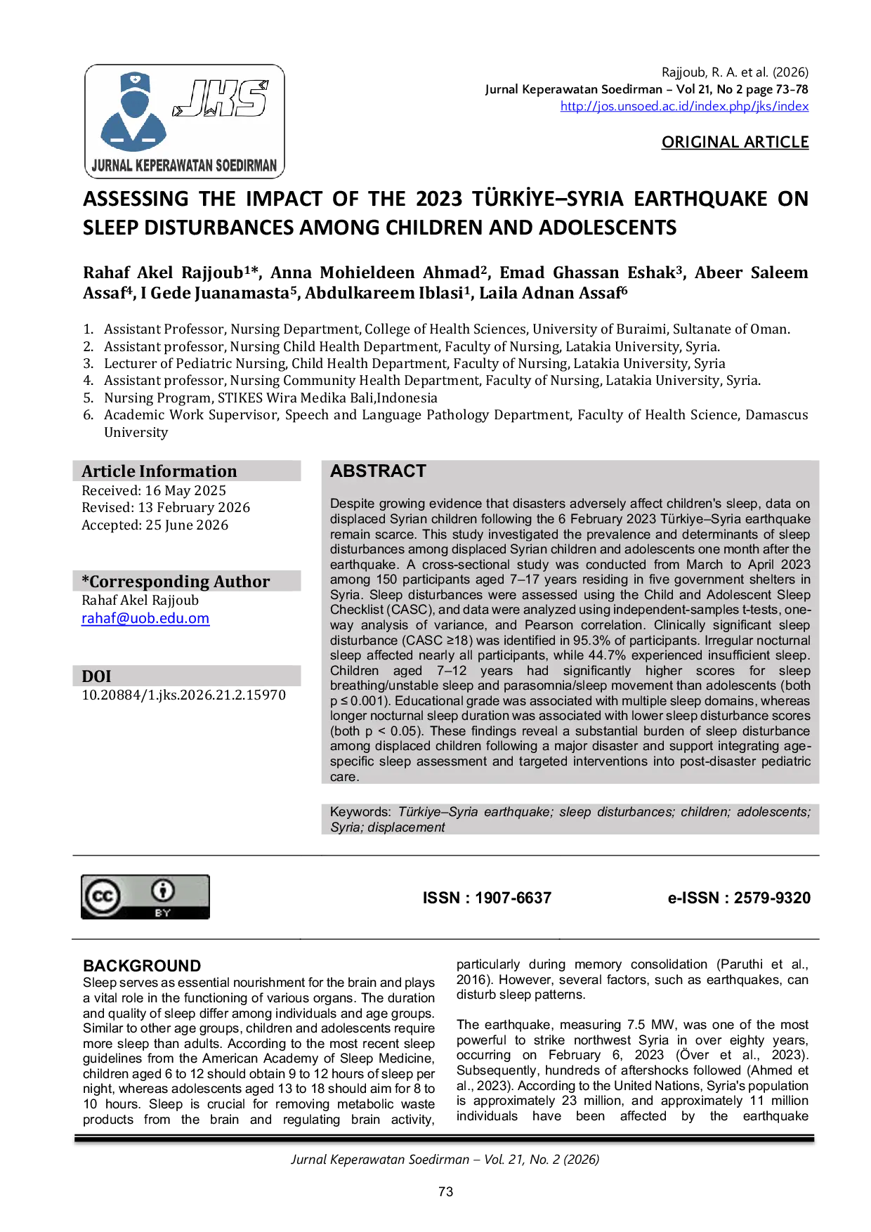 JURIS Assessing the Impact of the 2023 T rkiye Syria Earthquake on Sleep Disturbances among Children and Adolescents