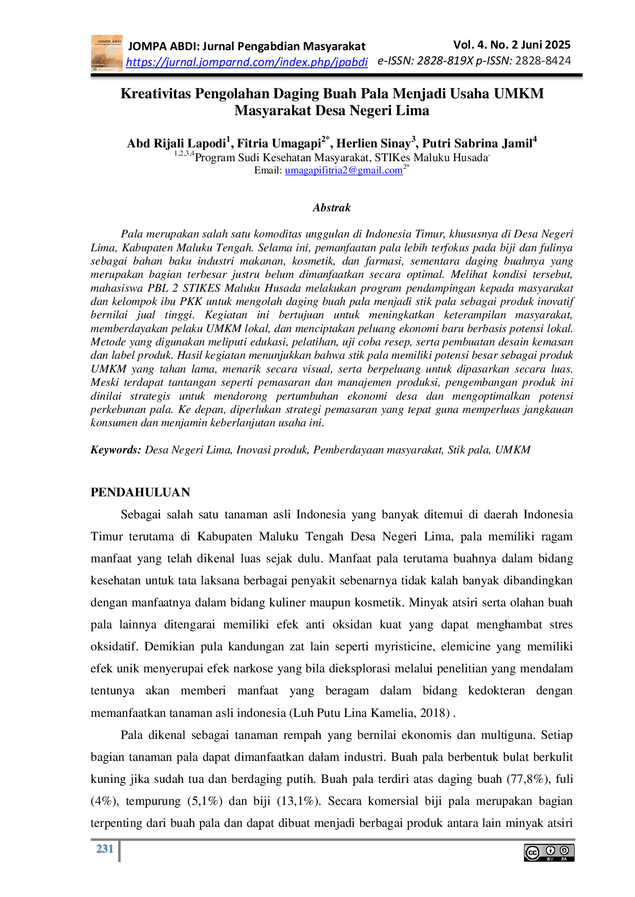JURIS Kreativitas Pengolahan Daging Buah Pala Menjadi Usaha UMKM Masyarakat Desa Negeri Lima