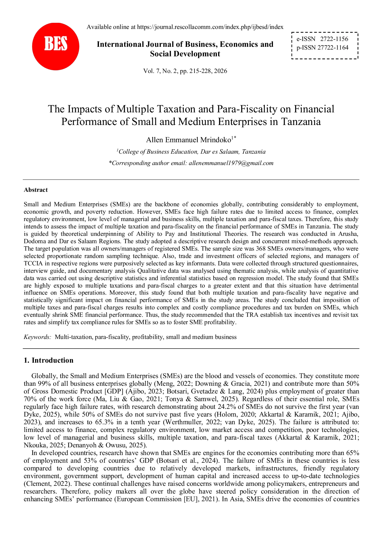 JURIS The Impacts of Multiple Taxation and Para Fiscality on Financial Performance of Small and Medium Enterprises in Tanzania