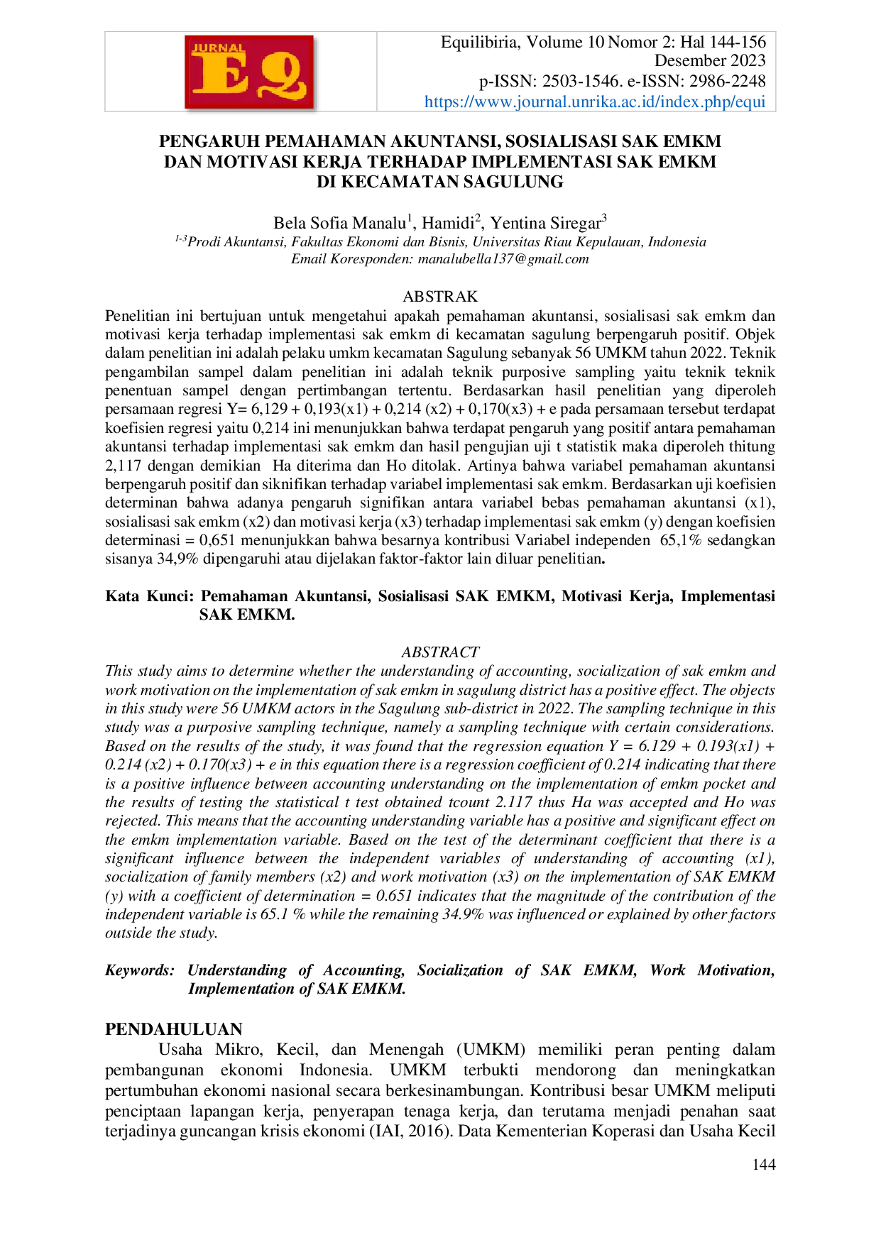 JURIS Pengaruh Pemahaman Akuntansi Sosialisasi Sak Emkm Dan Motivasi Kerja Terhadap Implementasi Sak Emkm Di Kecamatan Sagulung