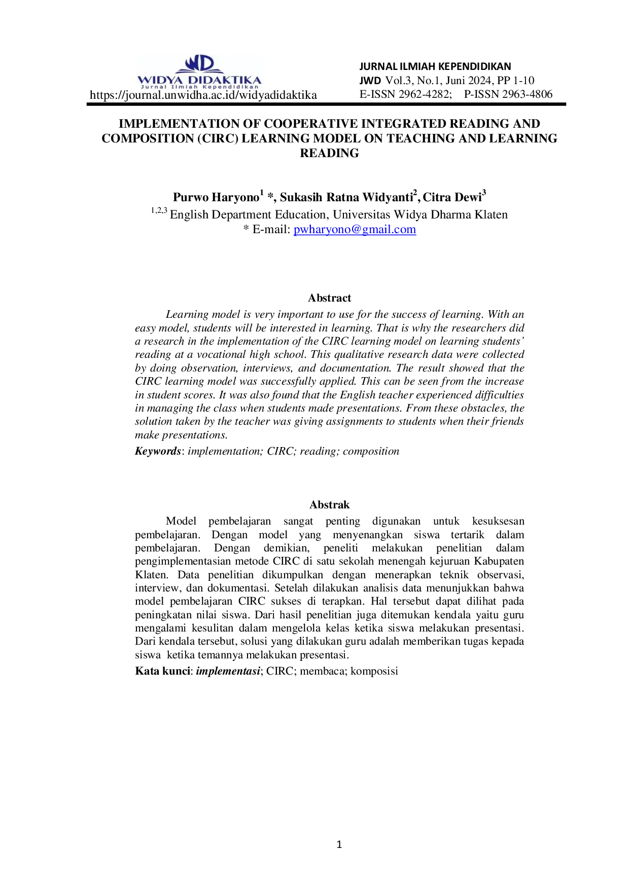 JURIS IMPLEMENTATION OF COOPERATIVE INTEGRATED READING AND COMPOSITION CIRC LEARNING MODEL ON TEACHING AND LEARNING READING
