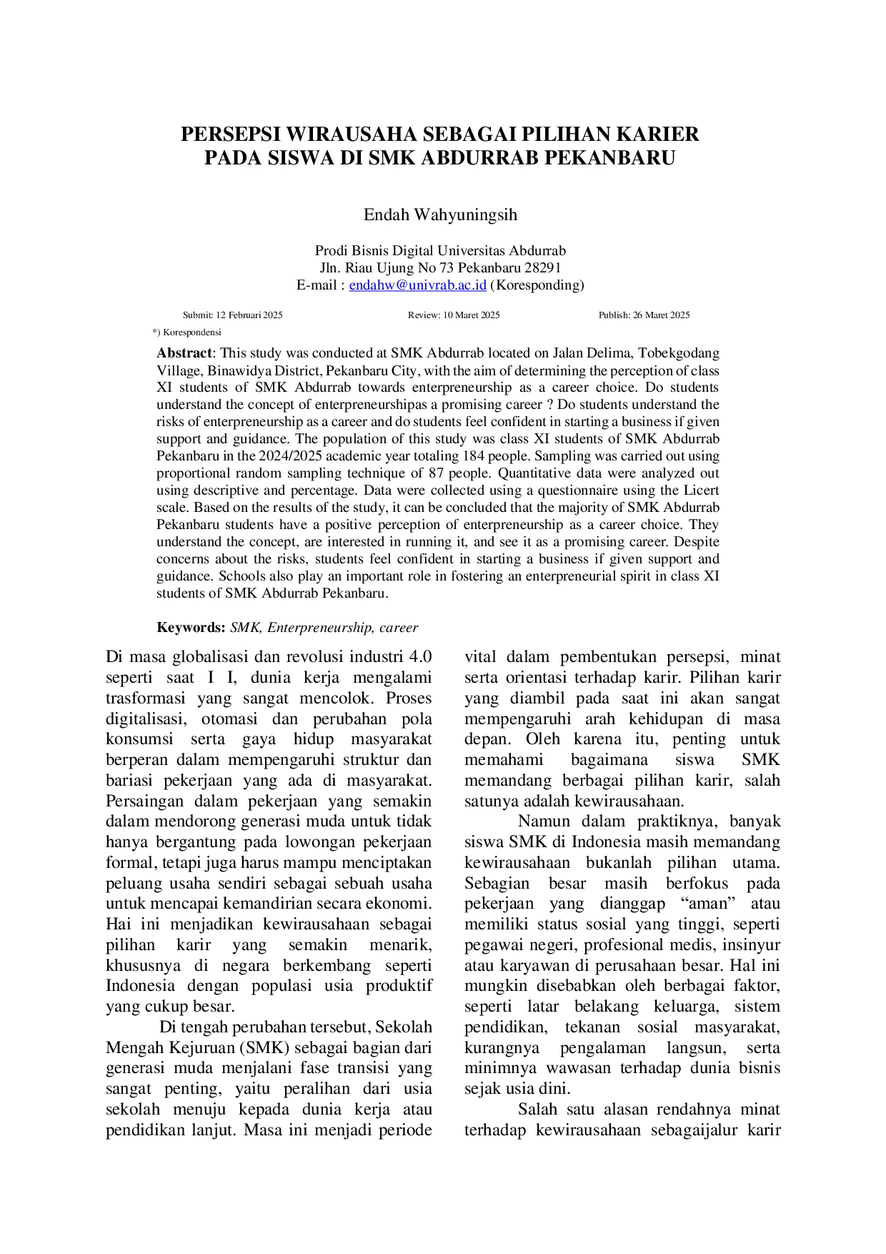 JURIS Persepsi Wirausaha Sebagai Pilihan Karier Pada Siswa Di Smk Abdurrab Pekanbaru