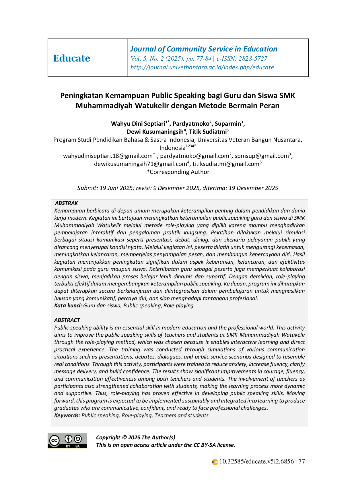 JURIS Peningkatan Kemampuan Public Speaking bagi Guru dan Siswa SMK Muhammadiyah Watukelir dengan Metode Bermain Peran