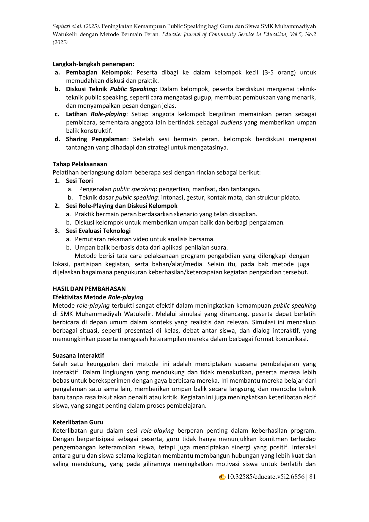 JURIS Peningkatan Kemampuan Public Speaking bagi Guru dan Siswa SMK Muhammadiyah Watukelir dengan Metode Bermain Peran