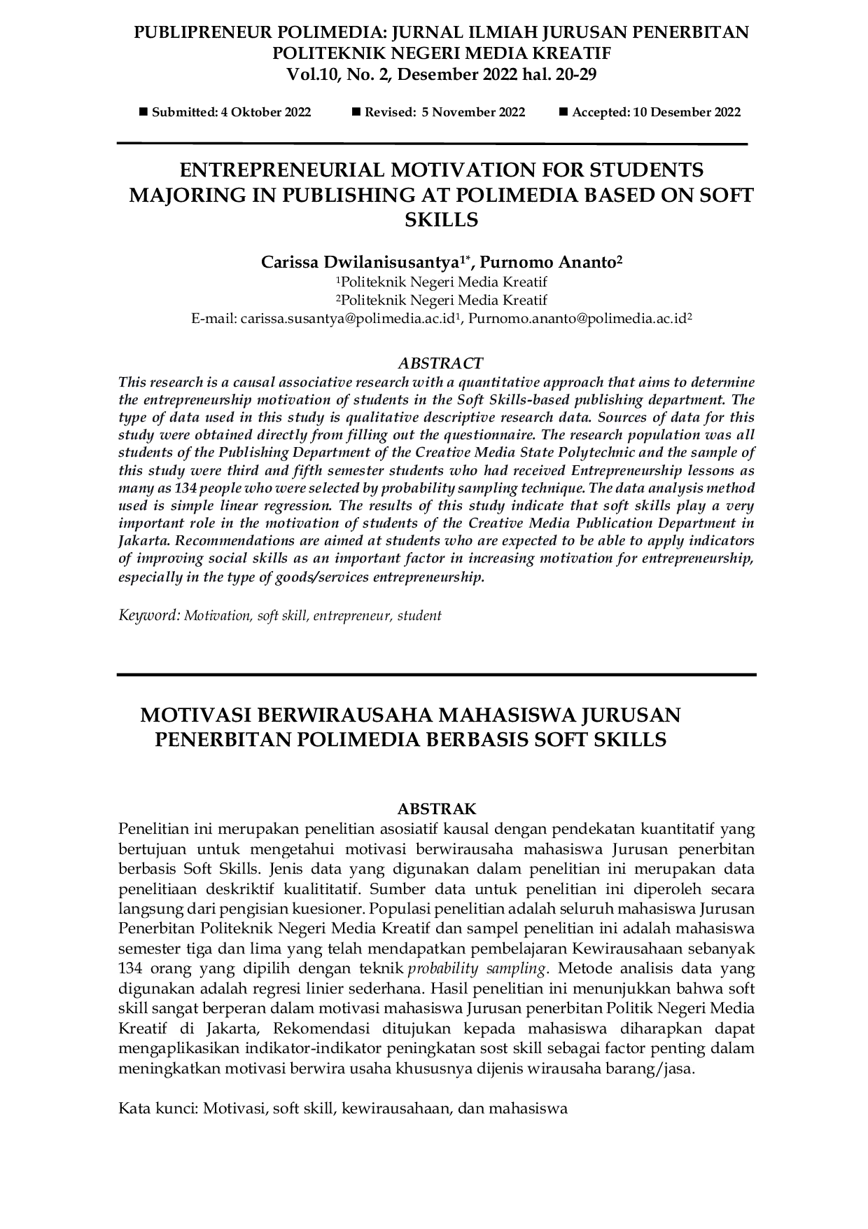 JURIS Entrepreneurial Motivation For Students Majoring In Publishing At Polimedia Based On Soft Skills