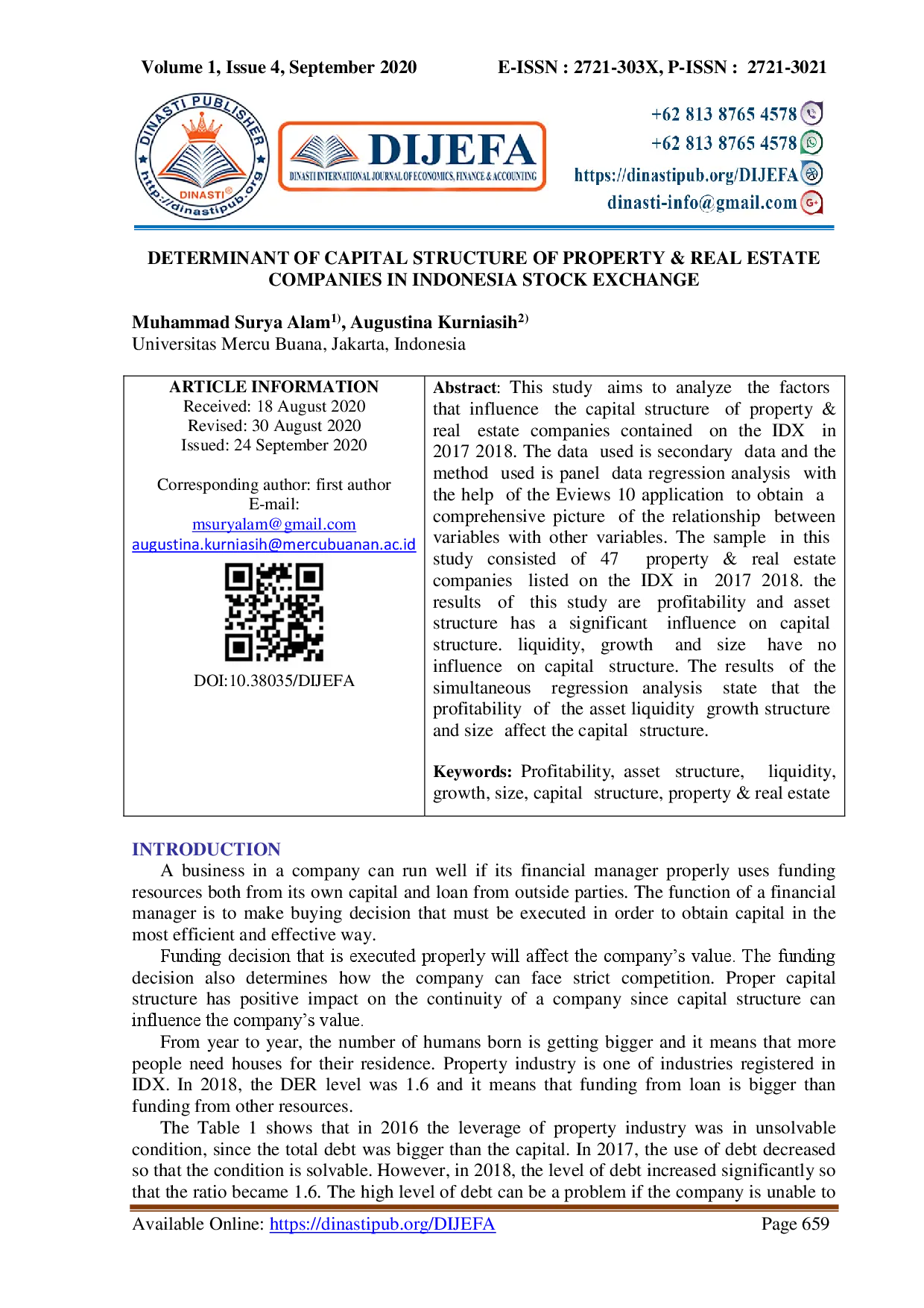 juris DETERMINANT OF CAPITAL STRUCTURE OF PROPERTY REAL ESTATE COMPANIES IN INDONESIA STOCK EXCHANGE