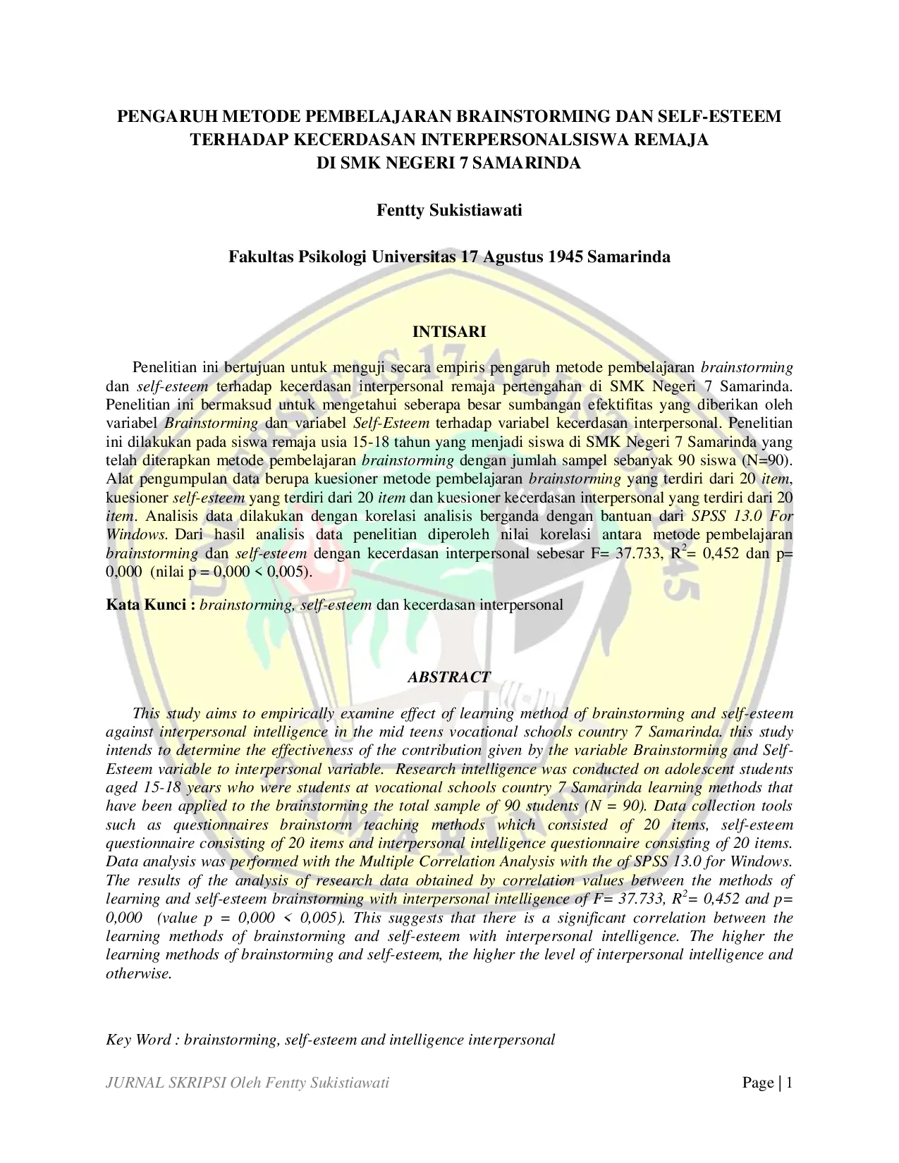 JURIS Pengaruh Metode Pembelajaran Brainstorming Dan Self Esteem Terhadap Kecerdasan Interpersonal Siswa Remaja Di Smk Negeri 7 Samarinda