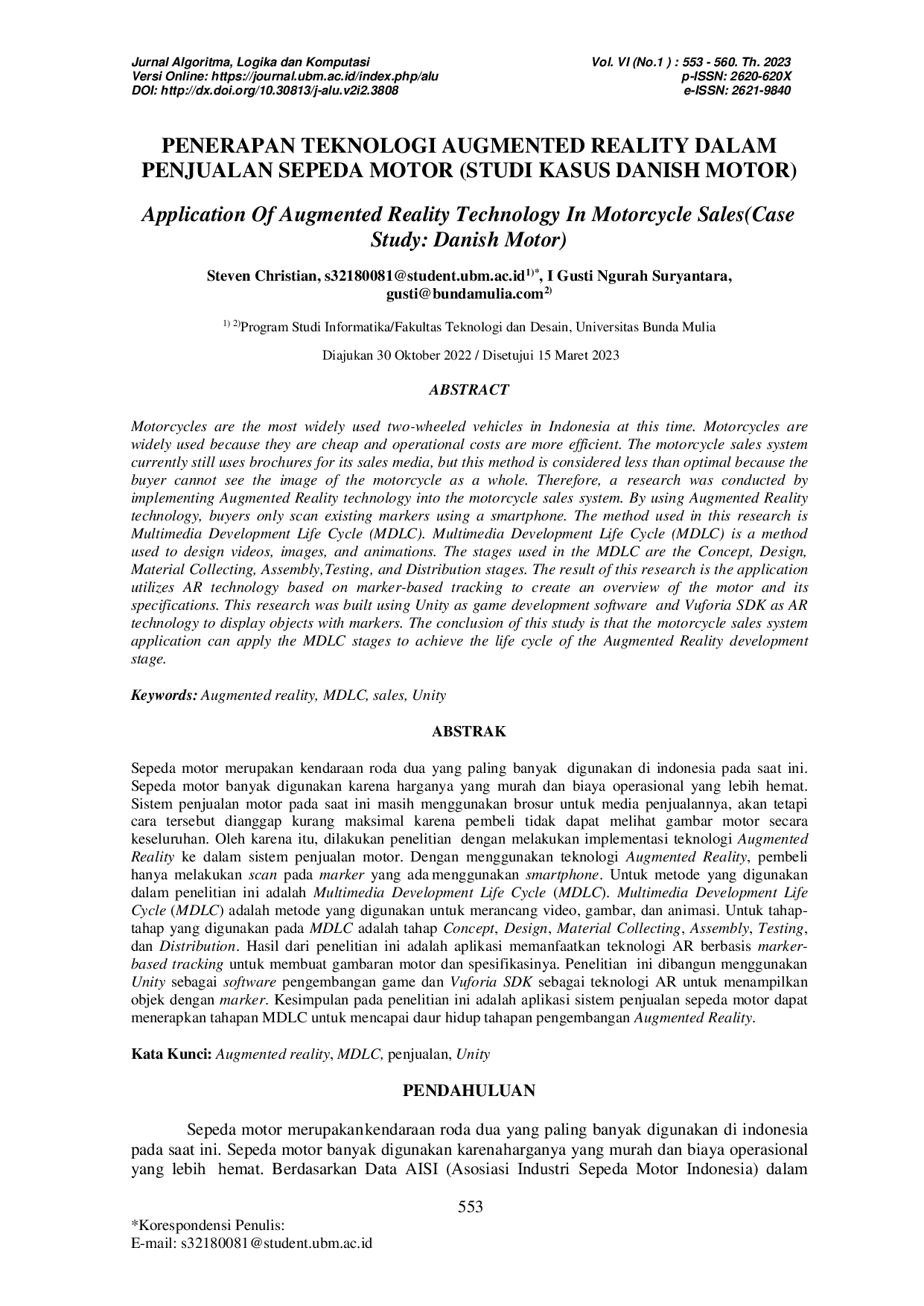 JURIS Penerapan Teknologi Augmented Reality dalam Penjualan Sepeda Motor Studi Kasus Danish Motor