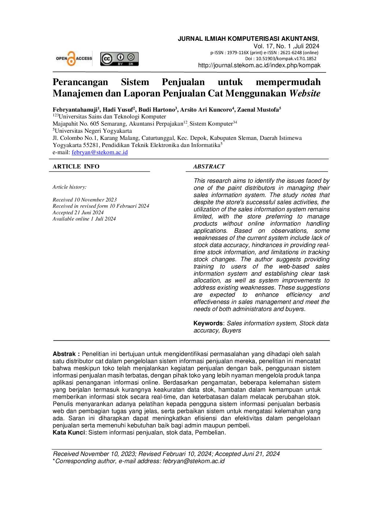JURIS Perancangan Sistem Penjualan untuk mempermudah Manajemen dan Laporan Penjualan Cat Menggunakan Website