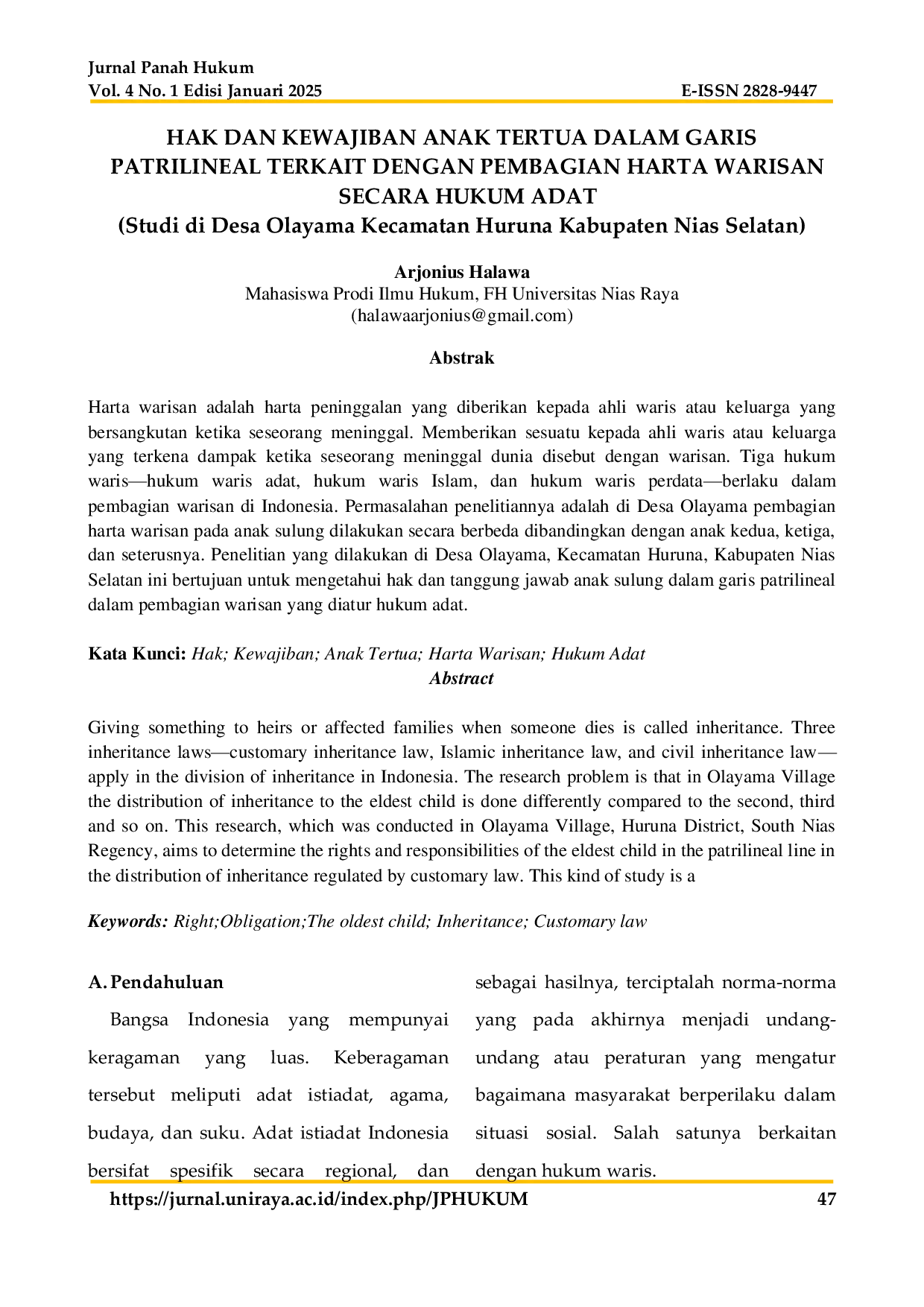 JURIS Hak dan Kewajiban Anak Tertua dalam Garis Patrilineal Terkait dengan Pembagian Harta Warisan Secara Hukum Adat