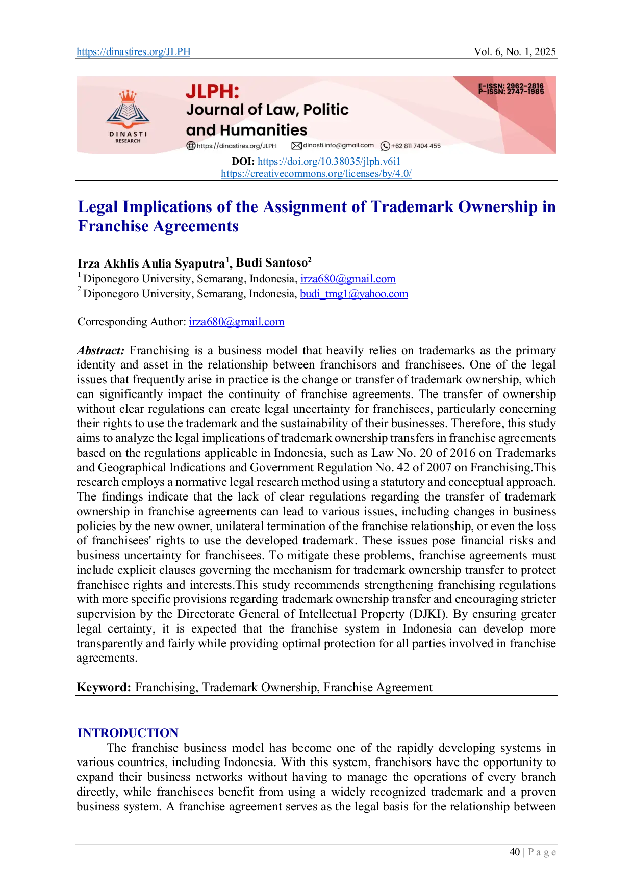 JURIS Legal Implications of the Assignment of Trademark Ownership in Franchise Agreements
