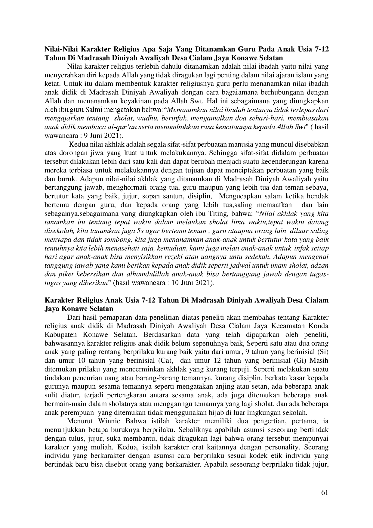 juris Peran Guru Dalam Membentuk Karakter Religius Anak Di Madrasah Diniyah Awaliyah Desa Cialam Jaya Konawe Selatan
