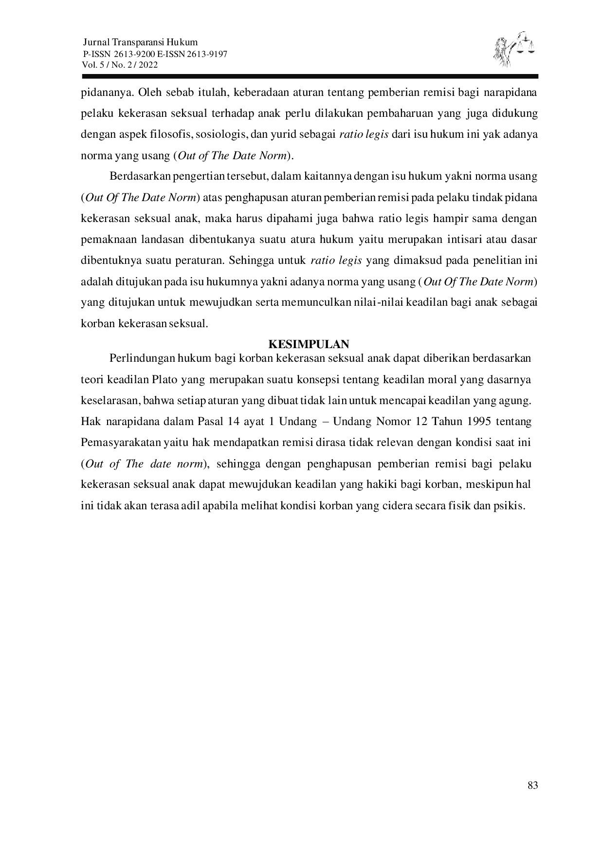 JURIS Perlindungan Hukum Bagi Anak Sebagai Korban Kekerasan Seksual Melalui Penghapusan Remisi Bagi Pelaku