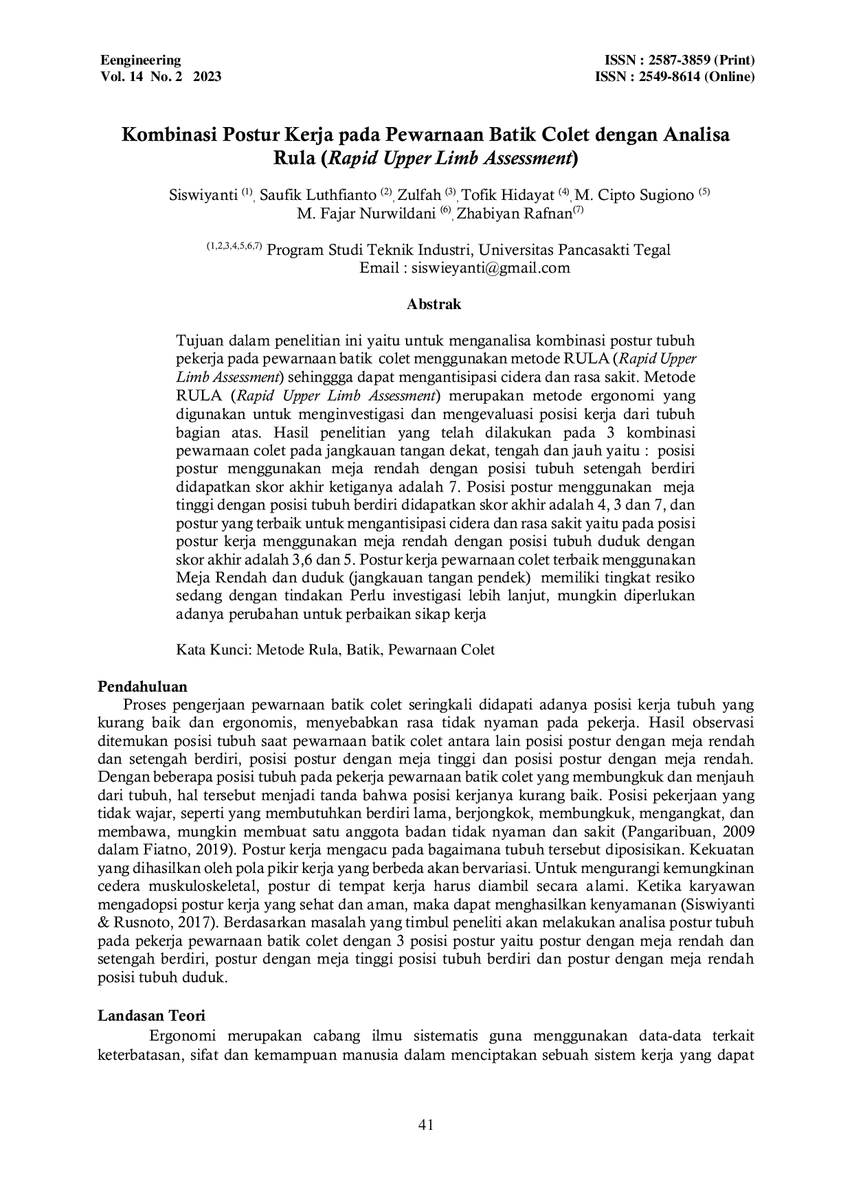 JURIS Kombinasi Postur Kerja pada Pewarnaan Batik Colet dengan Analisa Rula Rapid Upper Limb Assessment