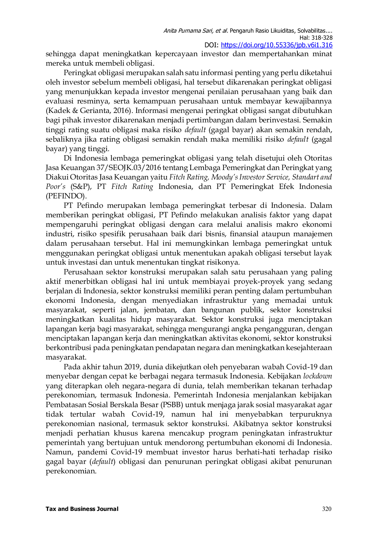 JURIS Pengaruh Rasio Likuiditas Solvabilitas Dan Profitabilitas Terhadap Peringkat Obligasi Pada Jasa Sektor Konstruksi Yang Terdaftar Di Bursa Efek Indonesia Tahun 2019 2023