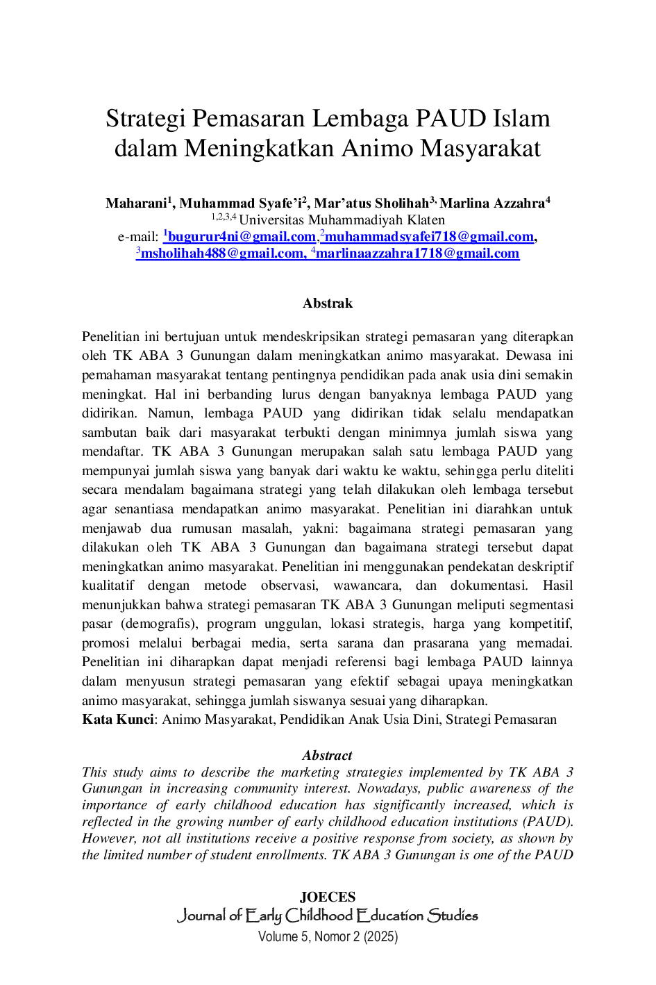 JURIS Strategi Pemasaran Lembaga PAUD Islam dalam Meningkatkan Animo Masyarakat