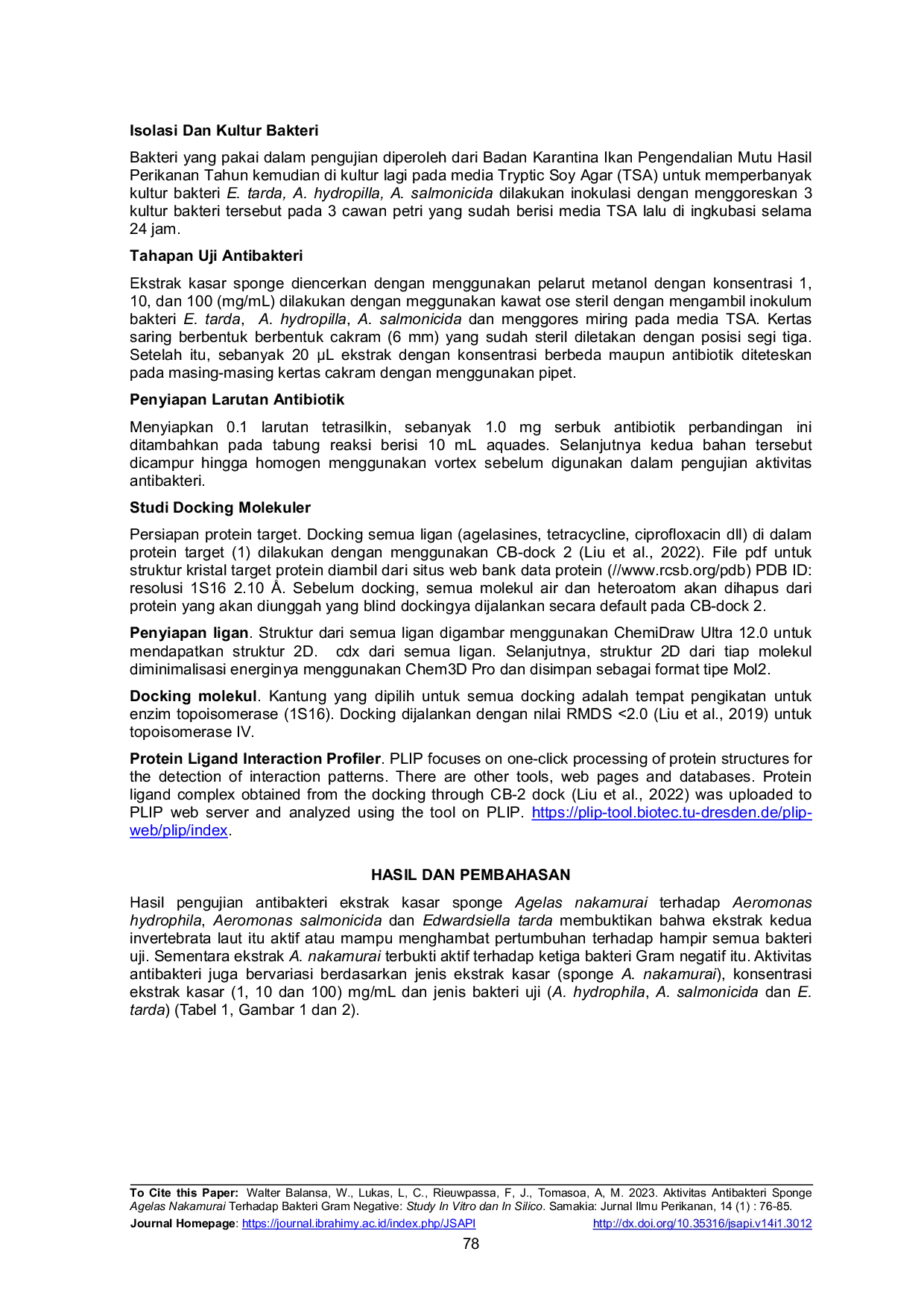 JURIS Aktivitas Antibakteri Sponge Agelas Nakamurai Terhadap Bakteri Gram Negative Study In Vitro dan In Silico