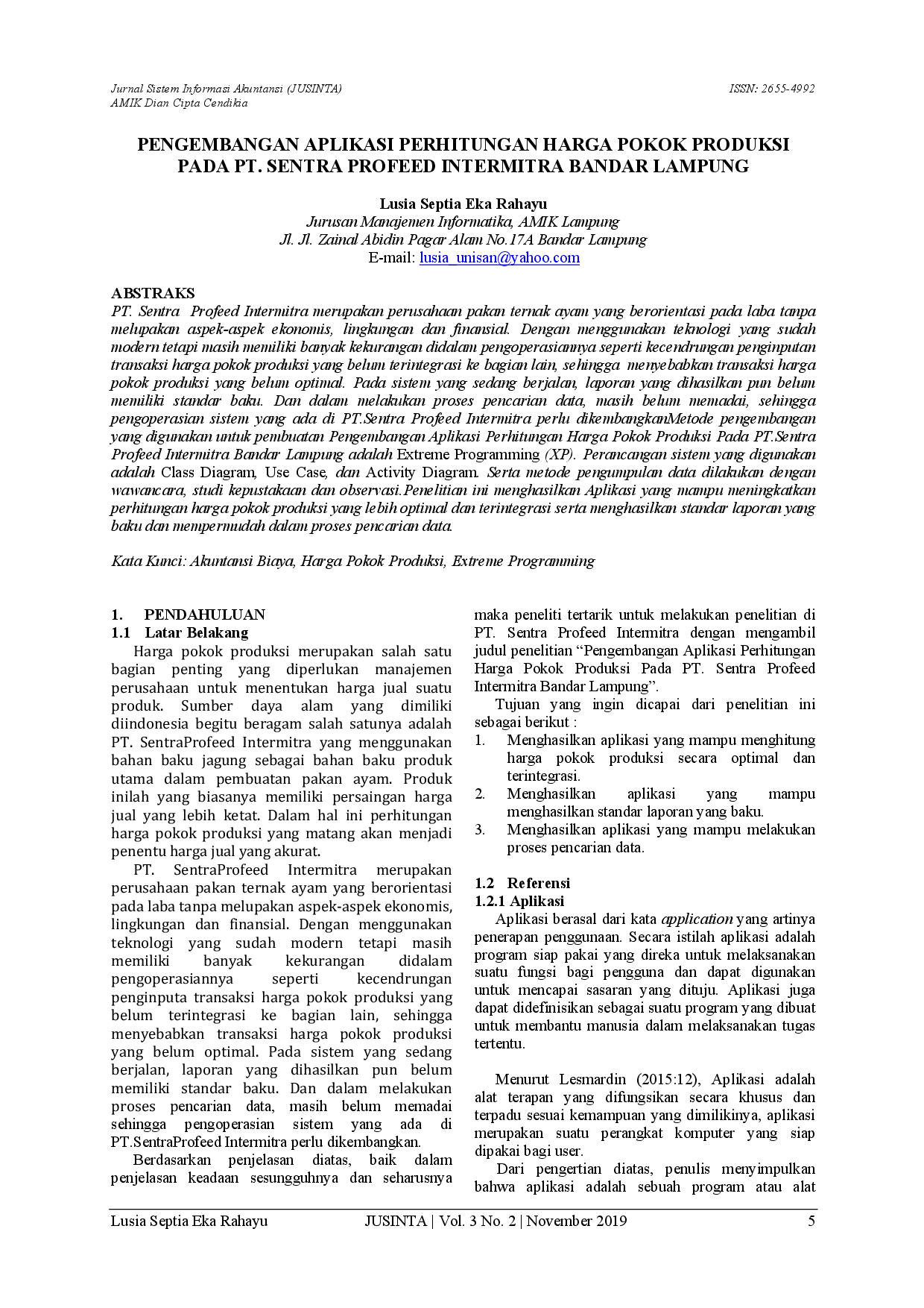 JURIS Pengembangan Aplikasi Perhitungan Harga Pokok Produksi Pada PT Sentra Profeed Intermitra Bandar Lampung