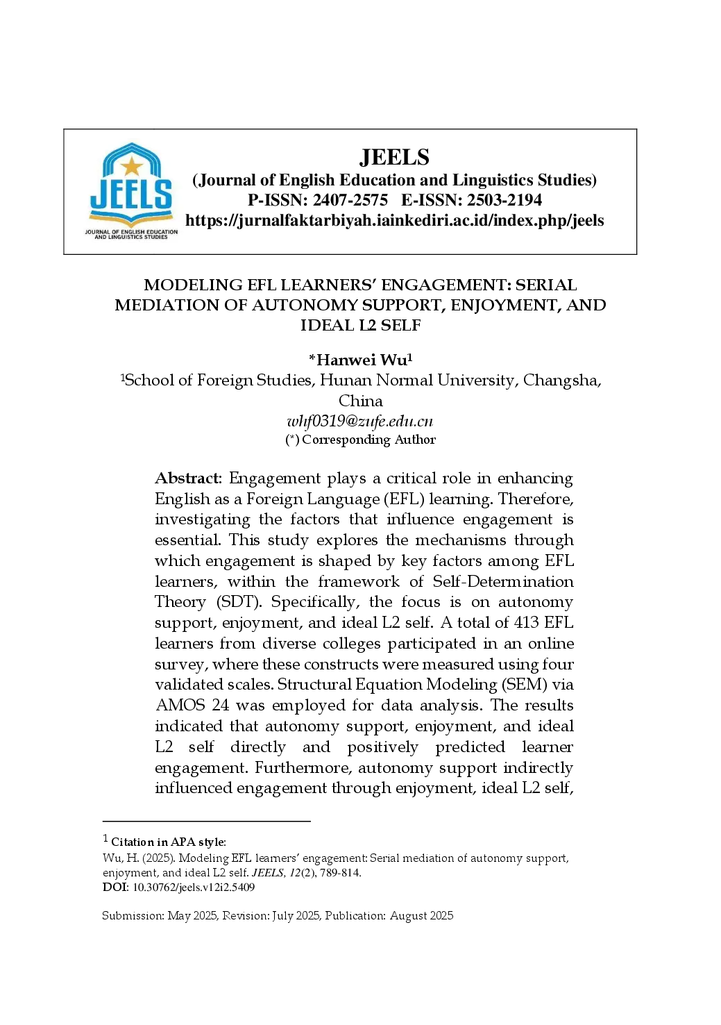 juris Modeling EFL Learners Engagement Serial Mediation of Autonomy Support Enjoyment and Ideal L2 Self