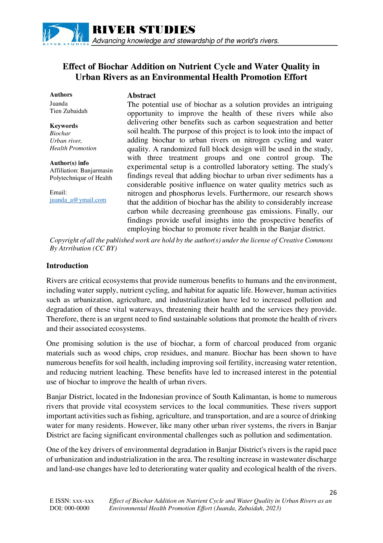 juris Effect of Biochar Addition on Nutrient Cycle and Water Quality in Urban Rivers as an Environmental Health Promotion Effort