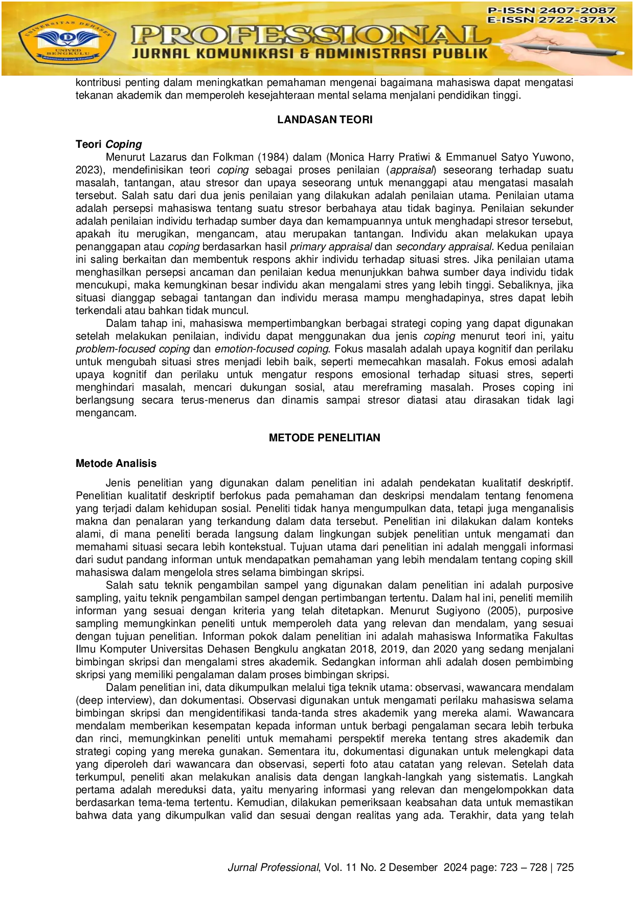 JURIS Coping Skill Mahasiswa Bimbingan Skripsi Studi Pada Mahasiswa Prodi Informatika Universitas Dehasen Bengkulu