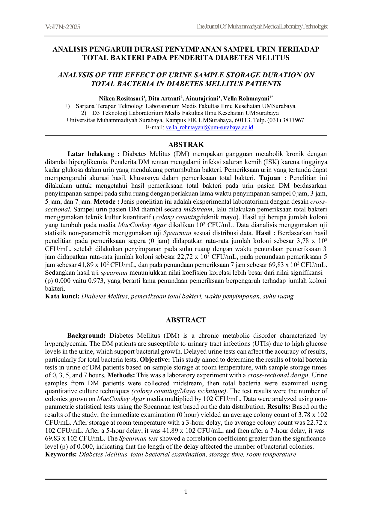 JURIS Analisis Pengaruh Durasi Penyimpanan Sampel Urin Terhadap Total Bakteri Pada Penderita Diabetes Melitus