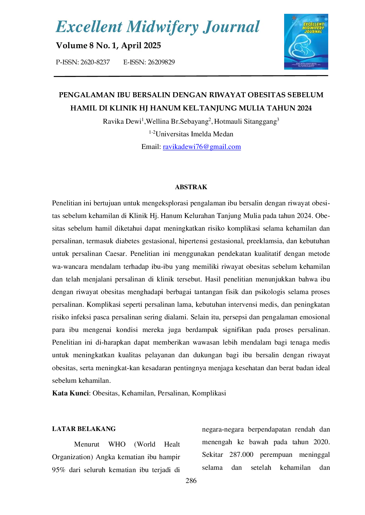 JURIS Pengalaman Ibu Bersalin dengan Riwayat Obesitas Sebelum Hamil di Klinik Hj Hanum Kel Tanjung Mulia Tahun 2024
