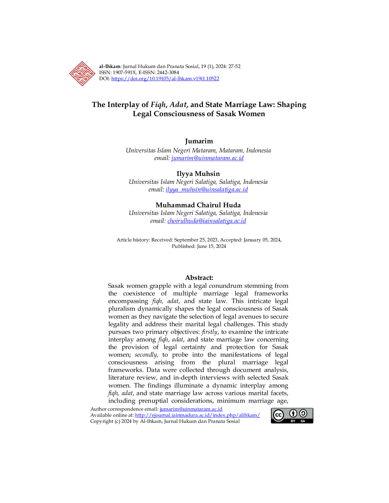 JURIS The Interplay of Fiqh Adat and State Marriage Law Shaping Legal Consciousness of Sasak Women