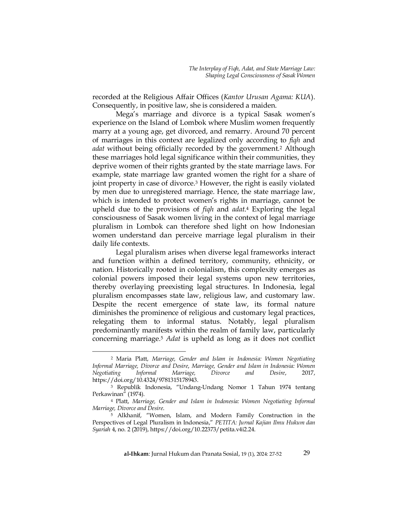 JURIS The Interplay of Fiqh Adat and State Marriage Law Shaping Legal Consciousness of Sasak Women