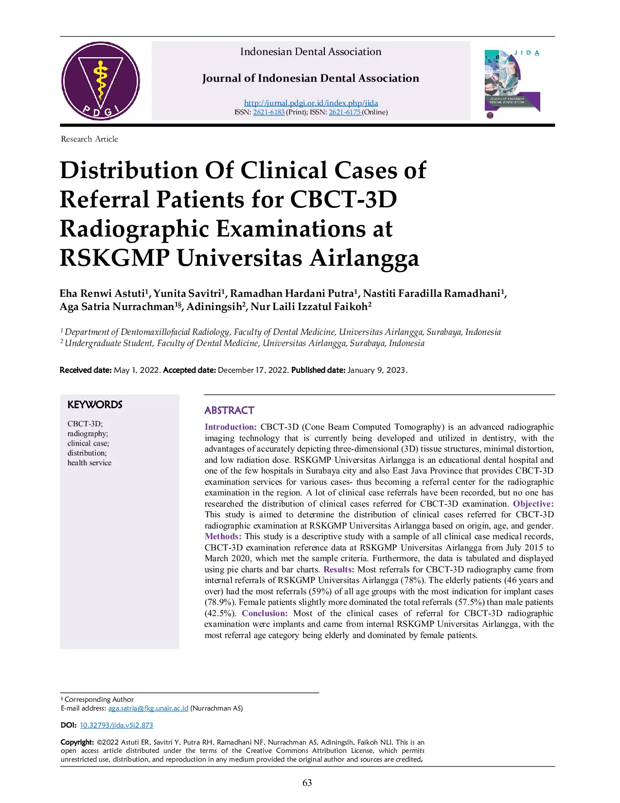 JURIS Distribution Of Clinical Cases of Referral Patients for CBCT 3D Radiographic Examinations at RSKGMP Universitas Airlangga