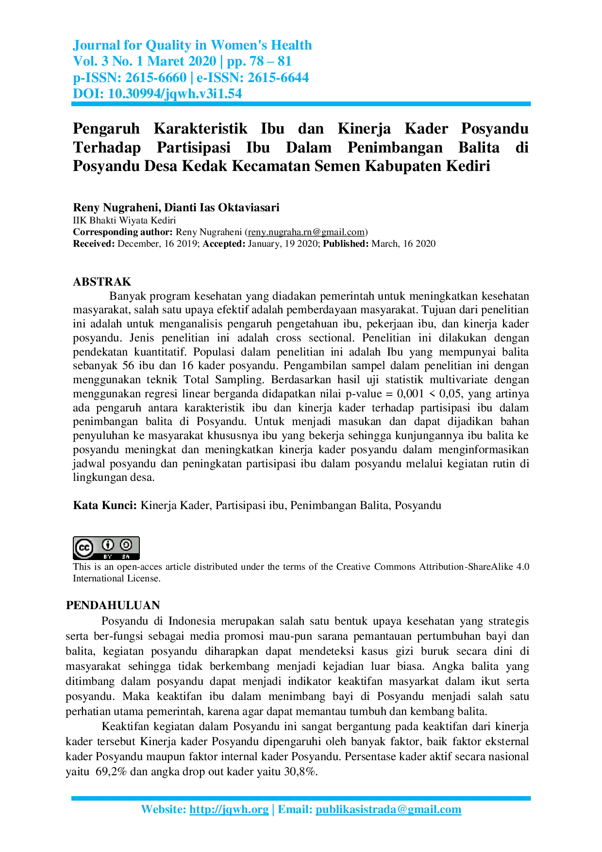 JURIS Pengaruh Karakteristik Ibu dan Kinerja Kader Posyandu Terhadap Partisipasi Ibu Dalam Penimbangan Balita di Posyandu Desa Kedak Kecamatan Semen Kabupaten Kediri