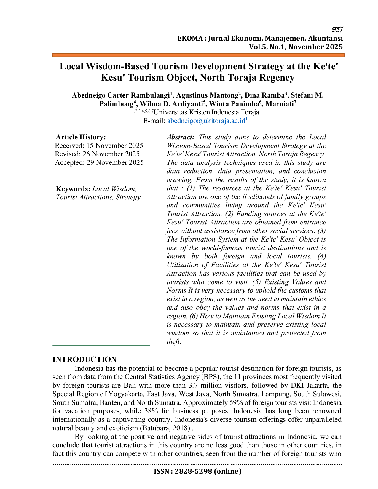 JURIS Local Wisdom Based Tourism Development Strategy at the Ke te Kesu Tourism Object North Toraja Regency