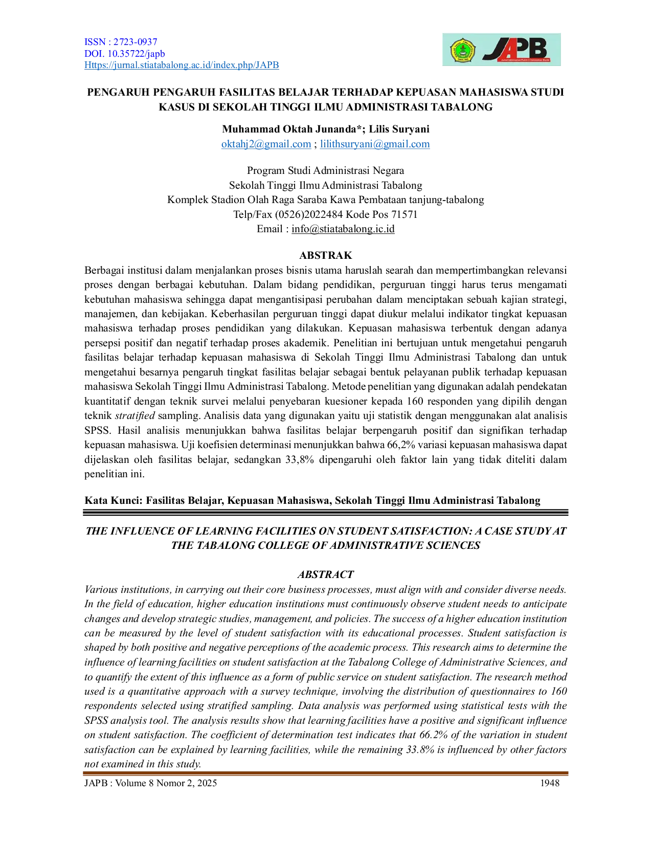 JURIS Pengaruh Fasilitas Belajar Terhadap Kepuasan Mahasiswa Studi Kasus Di Sekolah Tinggi Ilmu Administrasi Tabalong