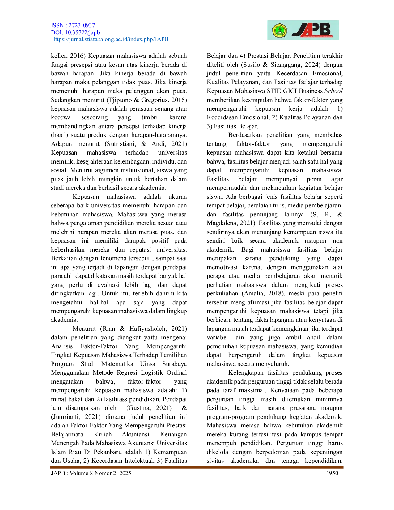 JURIS Pengaruh Fasilitas Belajar Terhadap Kepuasan Mahasiswa Studi Kasus Di Sekolah Tinggi Ilmu Administrasi Tabalong