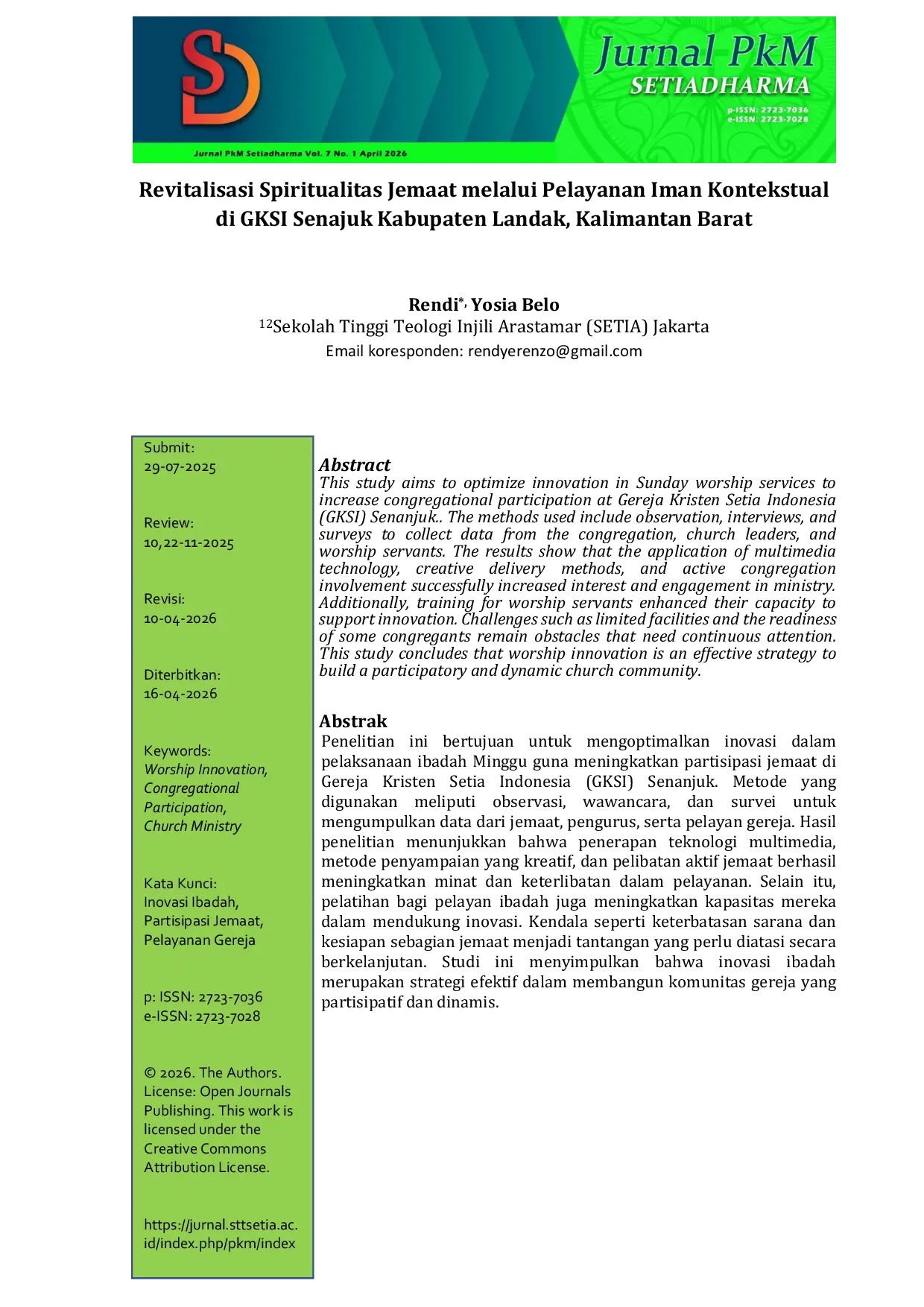 JURIS Revitalisasi Spiritualitas Jemaat melalui Pelayanan Iman Kontekstual di GKSI Senajuk Kabupaten Landak Kalimantan Barat