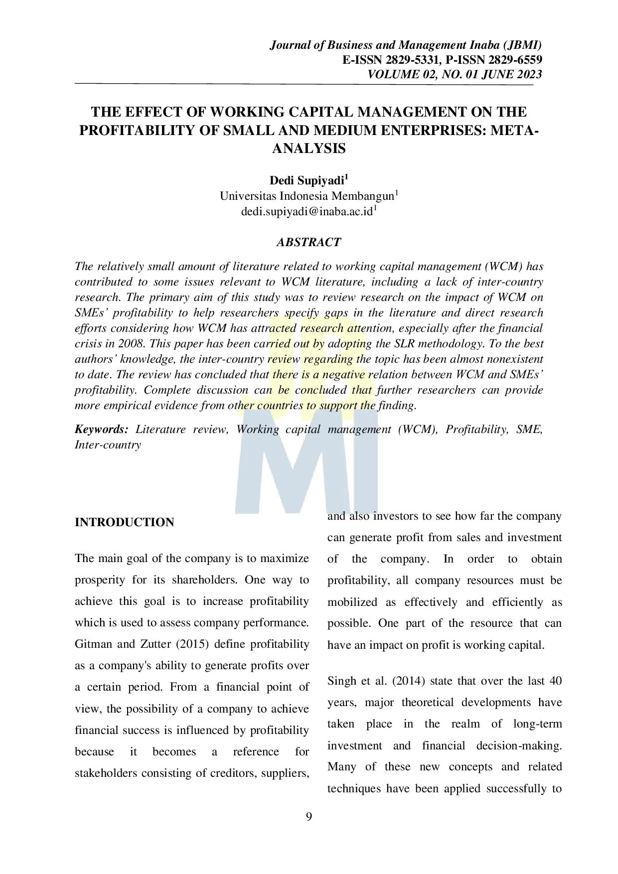 JURIS The Effect of Working Capital Management on the Profitability of Small and Medium Enterprises Meta Analysis