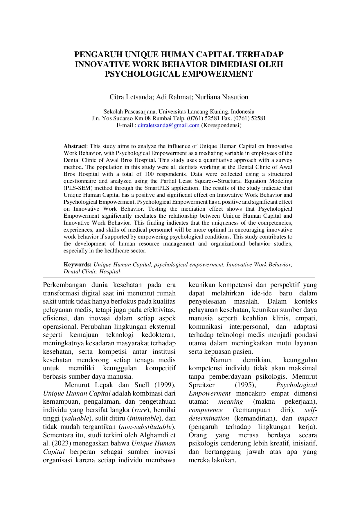 JURIS Pengaruh Unique Human Capital Terhadap Innovative Work Behavior Dimediasi Oleh Psychological Empowerment
