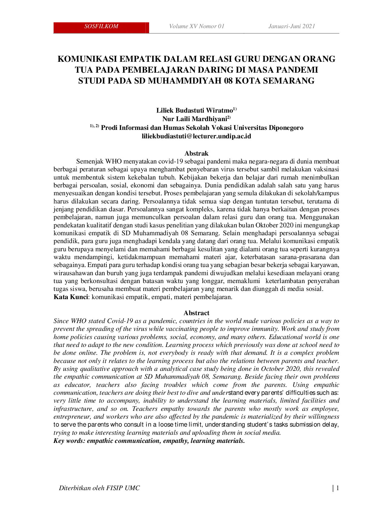 JURIS Komunikasi Empatik dalam Relasi Guru dengan Orang Tua pada Pembelajaran Daring di Masa Pandemi Studi pada SD Muhammadiyah 08 Kota Semarang