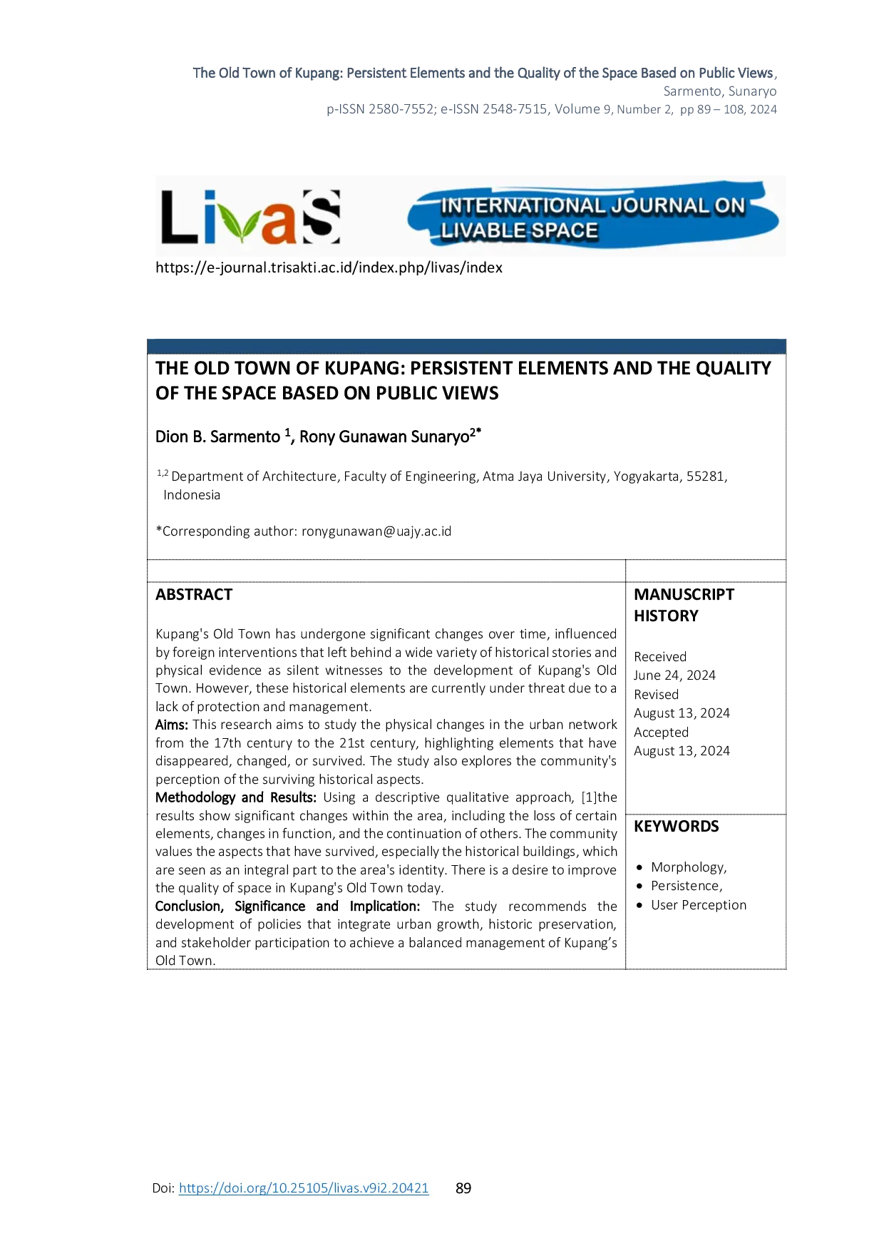 JURIS The Old Town of Kupang Persistent Elements and the Quality of the Space Based on Public Views