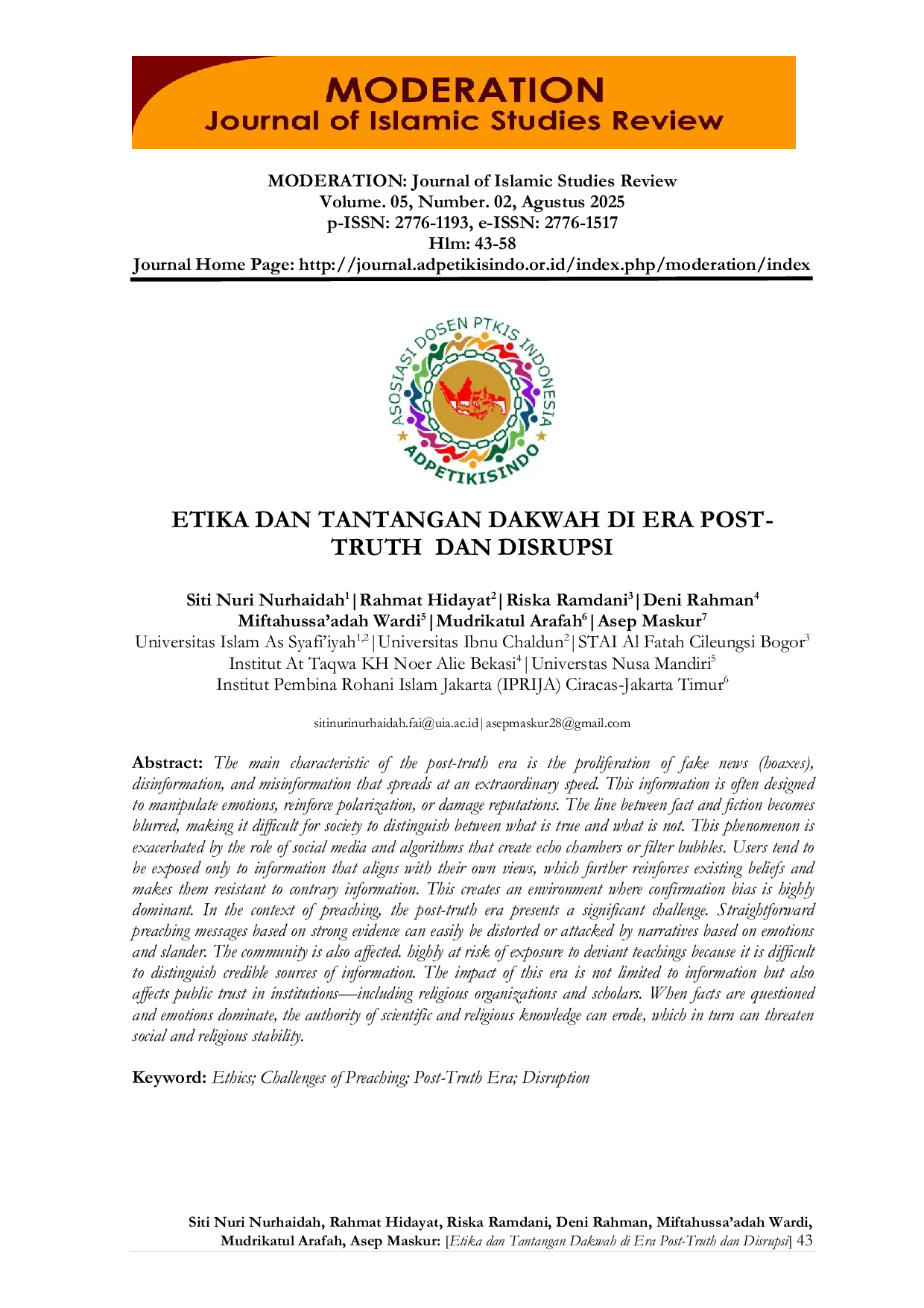 JURIS Etika dan Tantangan Dakwah di Era Post Truth dan Disrupsi