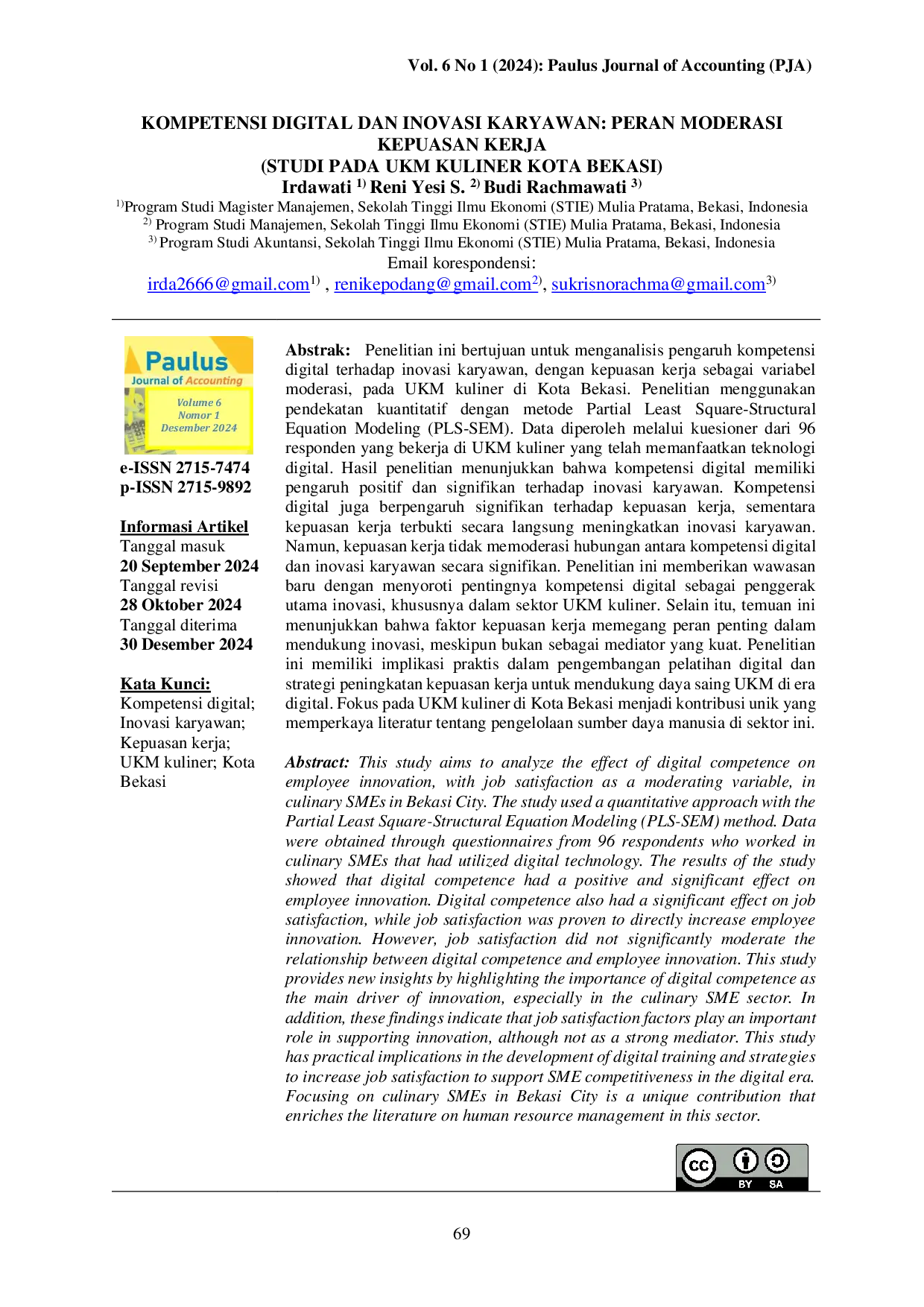 JURIS Kompetensi Digital dan Inovasi Karyawan Peran Moderasi Kepuasan Kerja Studi padaUKM Kuliner Kota Bekasi