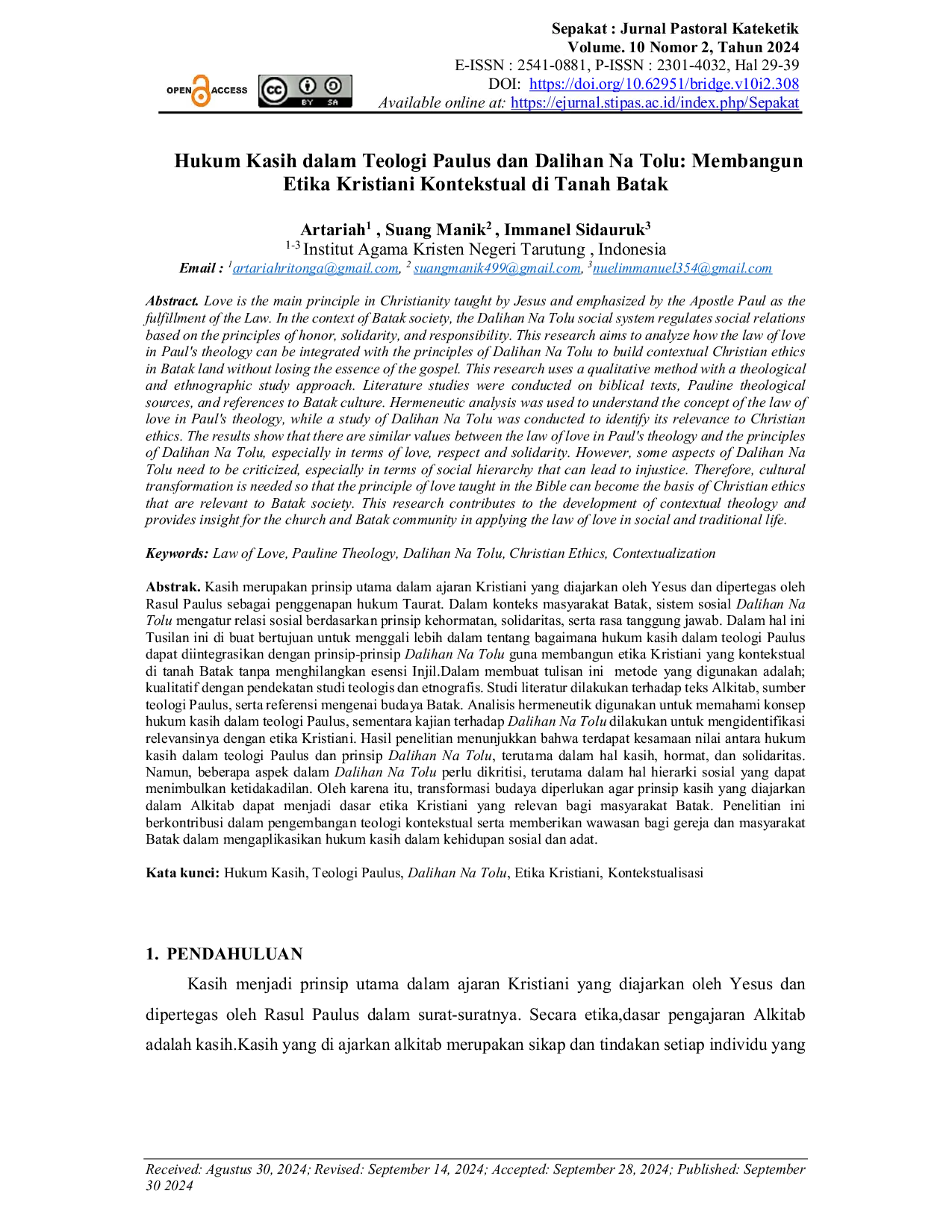 JURIS Hukum Kasih dalam Teologi Paulus dan Dalihan Na Tolu Membangun Etika Kristiani Kontekstual di Tanah Batak