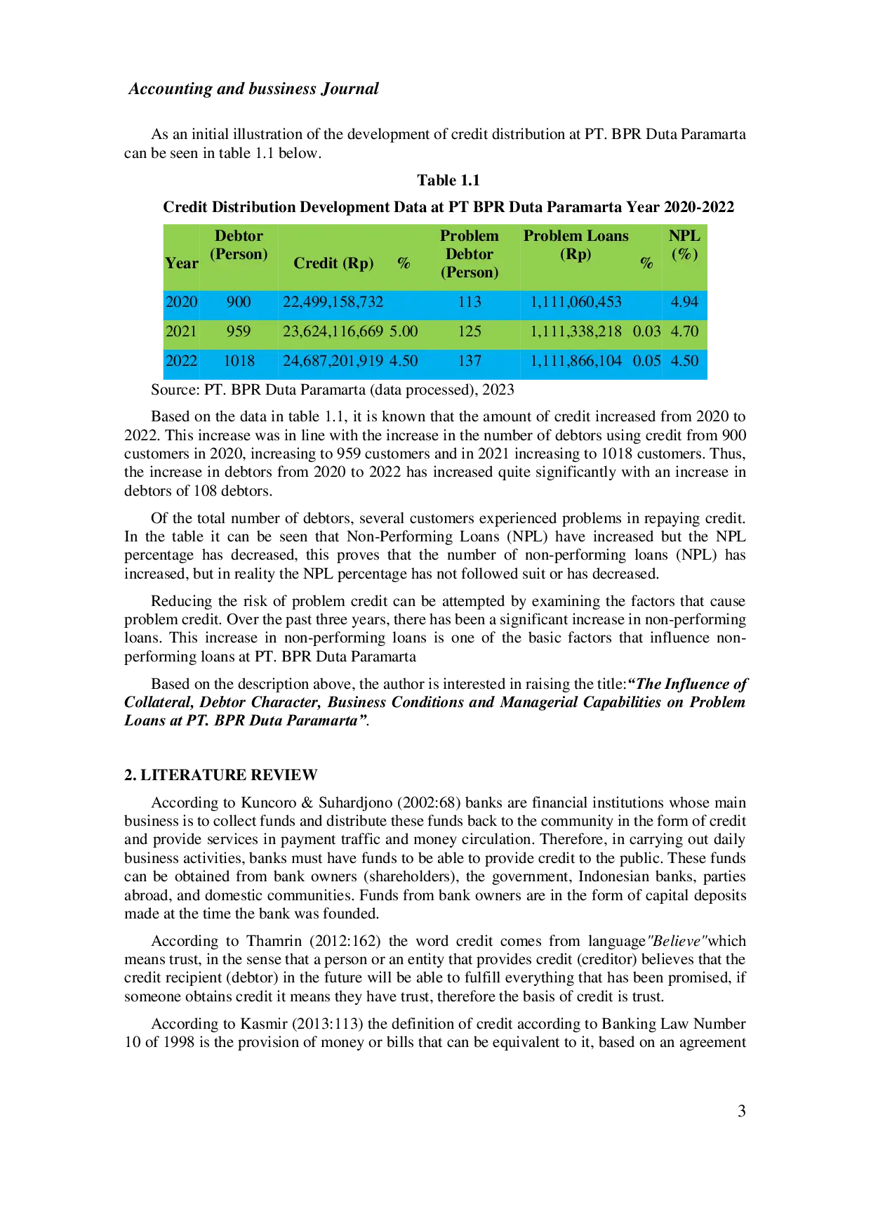 JURIS The Effect of Collateral Debtor Character Business Conditions and Managerial Ability on Non Performing Loans At PT BPR Duta Paramarta