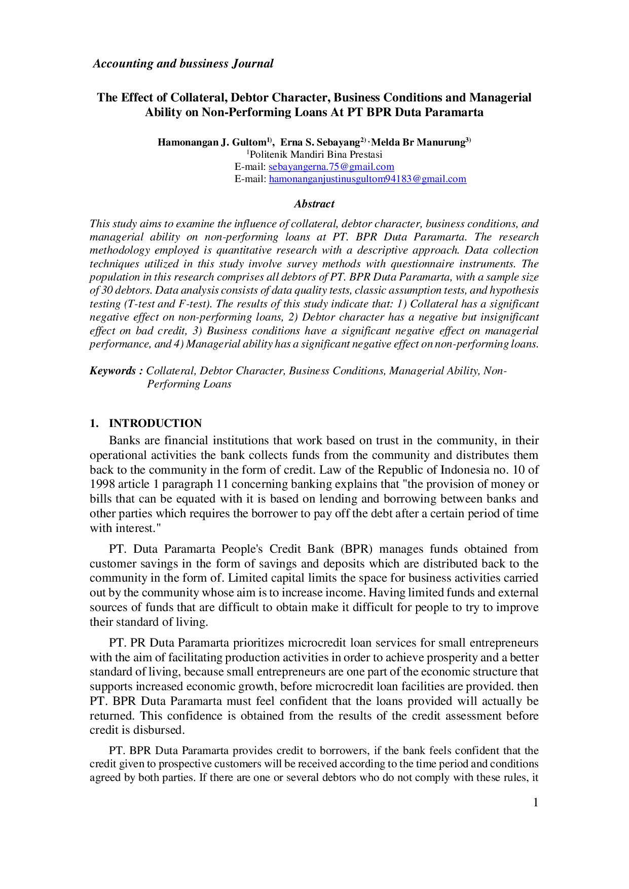 JURIS The Effect of Collateral Debtor Character Business Conditions and Managerial Ability on Non Performing Loans At PT BPR Duta Paramarta