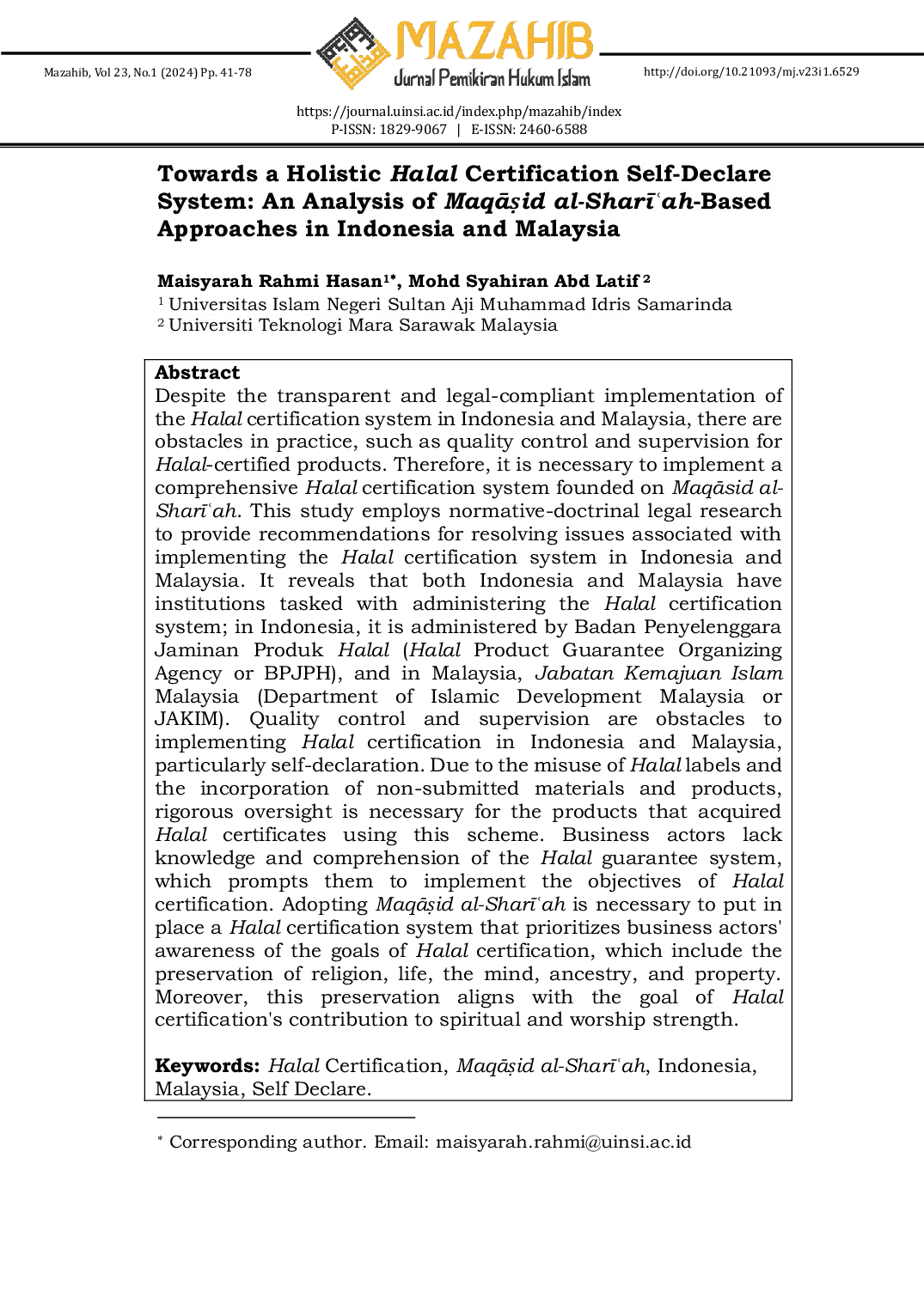 JURIS Towards a Holistic Halal Certification Self Declare System An Analysis of Maqasid al Sharah Based Approaches in Indonesia and Malaysia