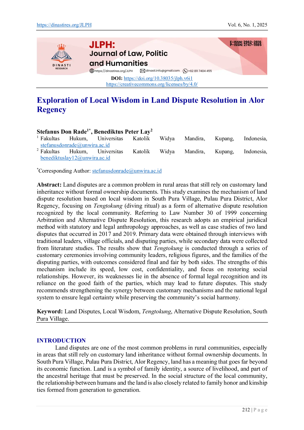 JURIS Exploration of Local Wisdom in Land Dispute Resolution in Alor Regency