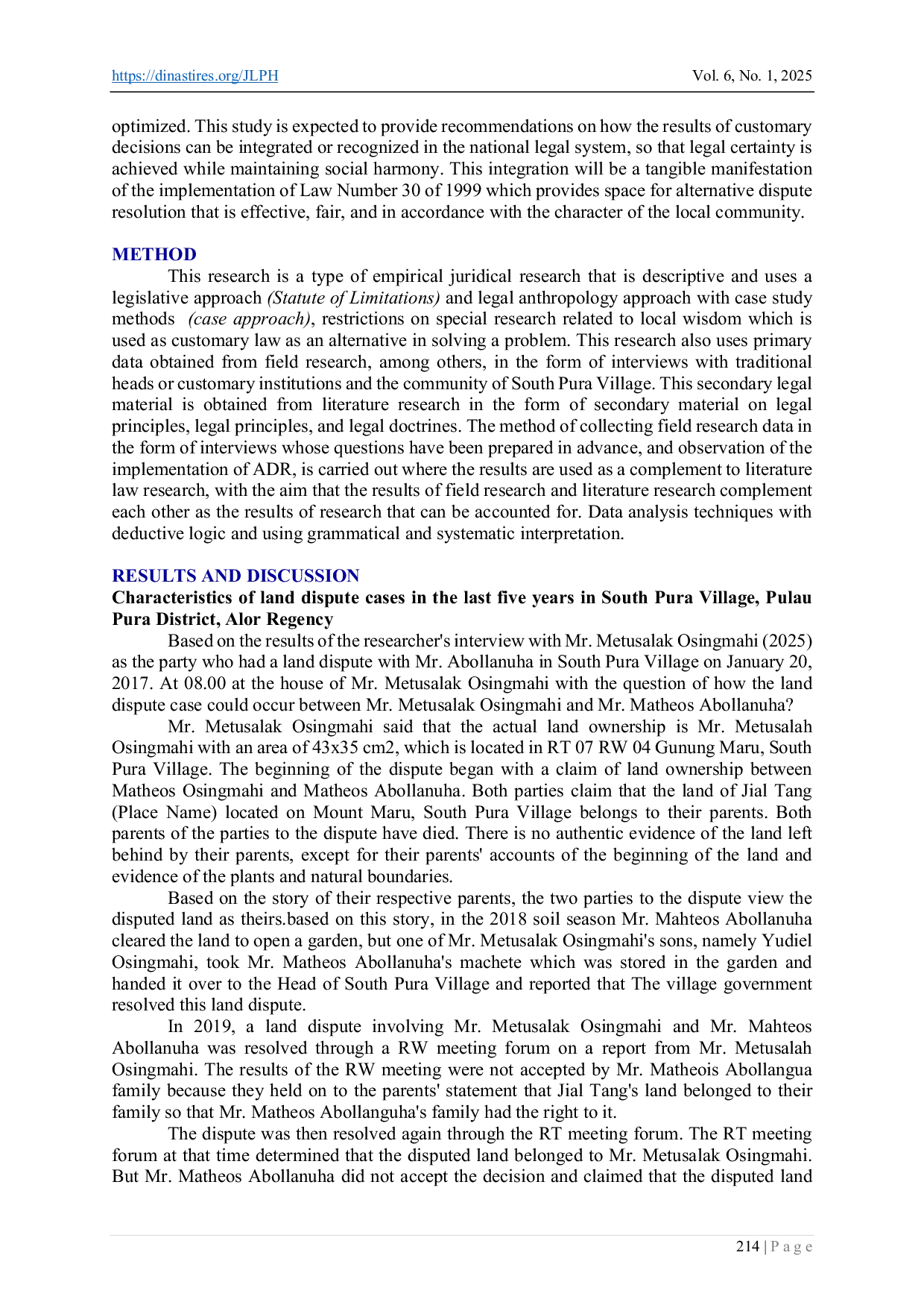 JURIS Exploration of Local Wisdom in Land Dispute Resolution in Alor Regency