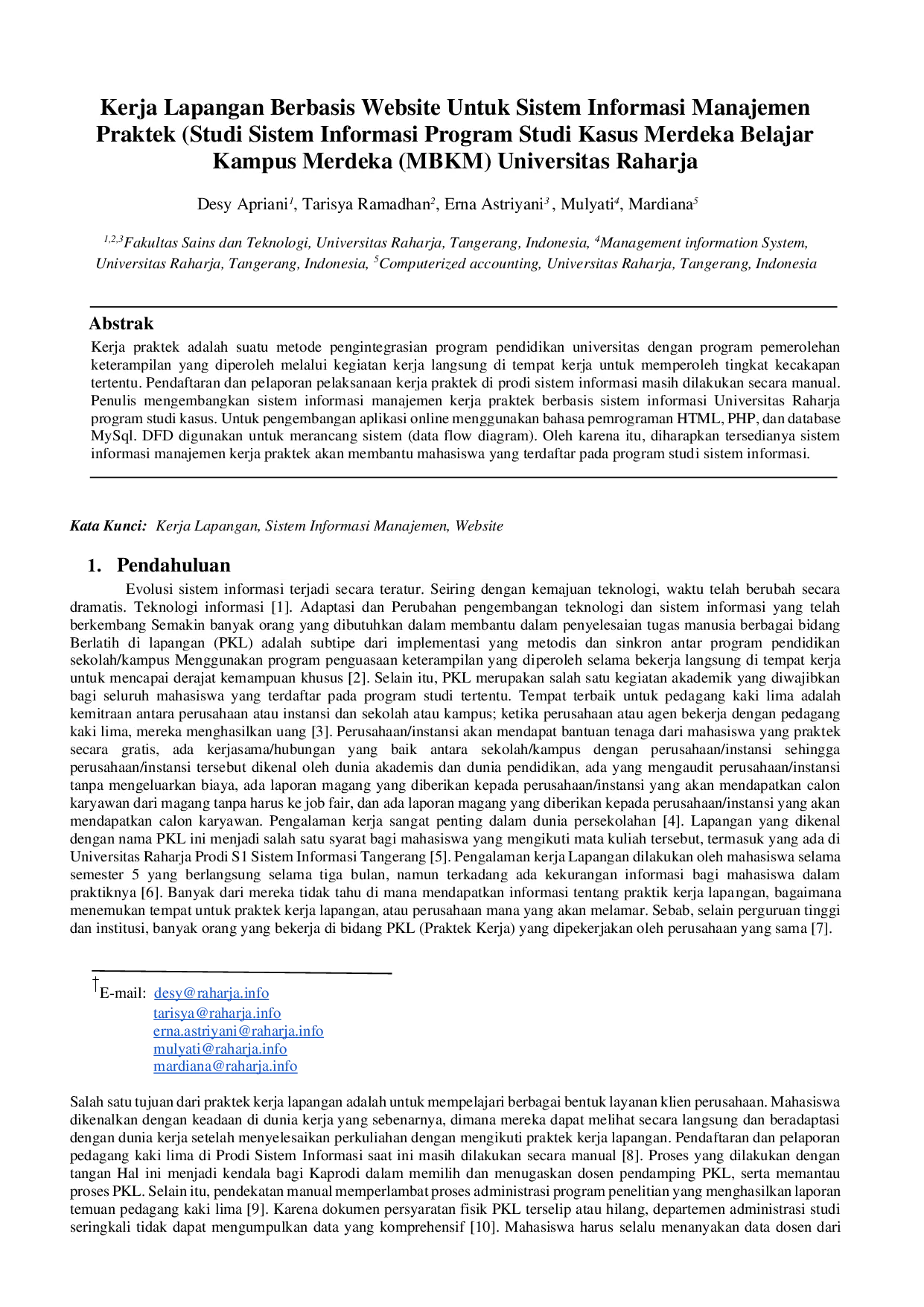 juris Kerja Lapangan Berbasis Website Untuk Sistem Informasi Manajemen Praktek Studi Sistem Informasi Program Studi Kasus Merdeka Belajar Kampus Merdeka MBKM Universitas Raharja