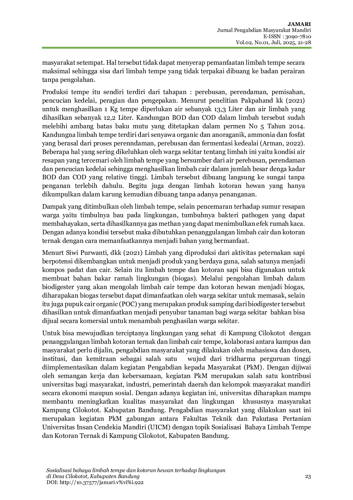 JURIS Sosialisasi Bahaya Limbah Tempe dan Kotoran Hewan Terhadap Lingkungan di Desa Cilokotot Kabupaten Bandung